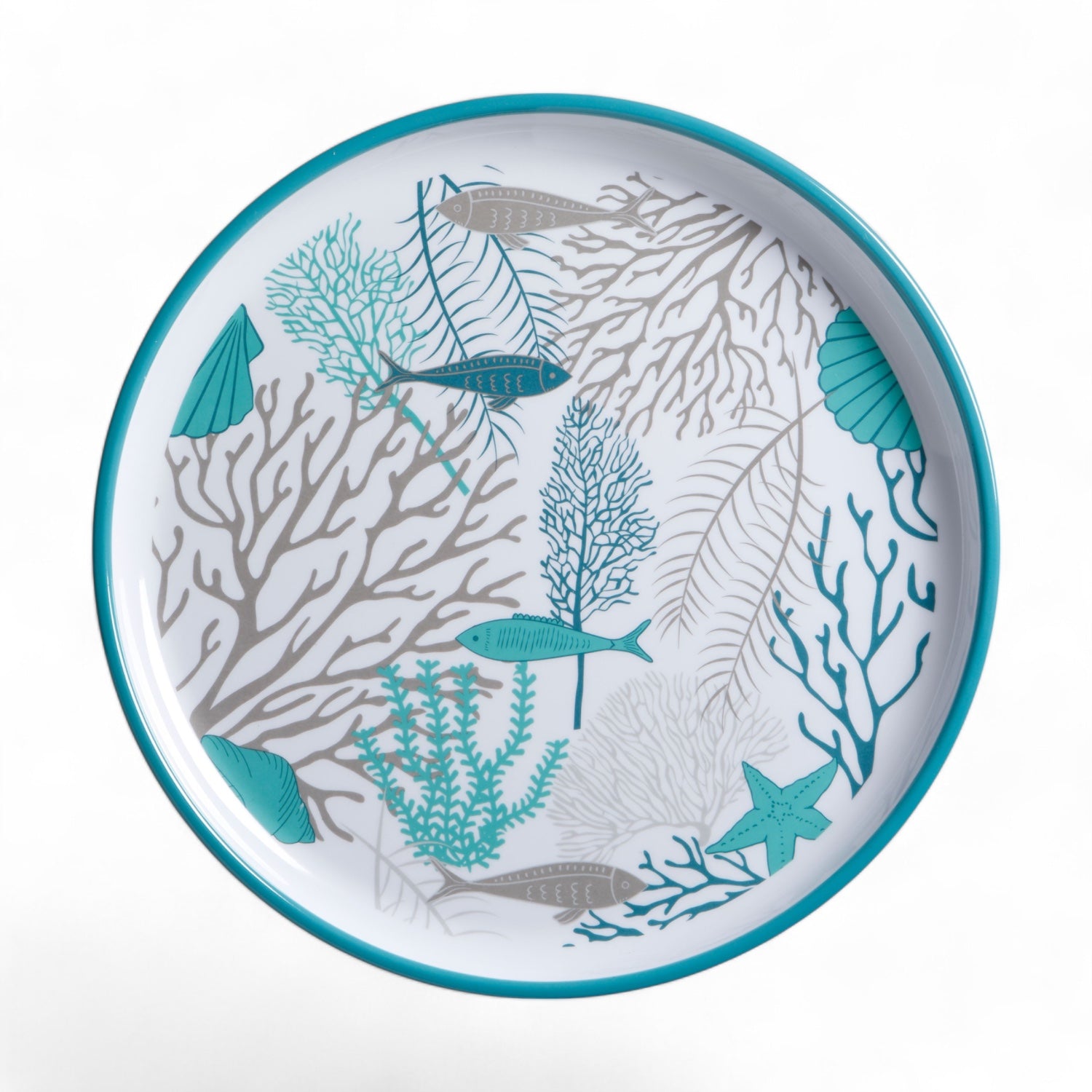 28001 dinerbord uit het Coastal melamine servies - met oceaandecor in wit, turquoise, grijs
