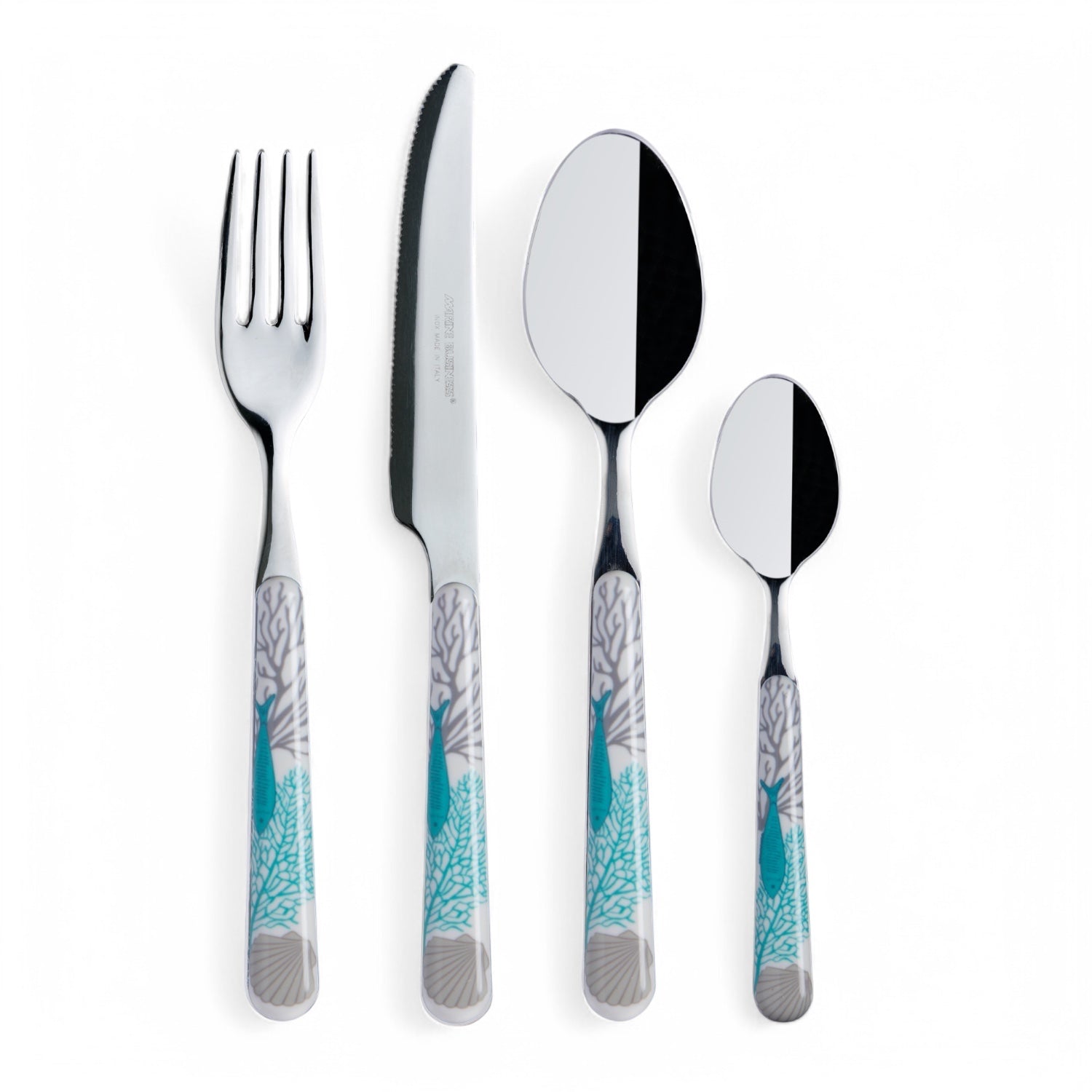 Bestekset Coastal 24-delig - met koraalprint in wit, turquoise, grijs