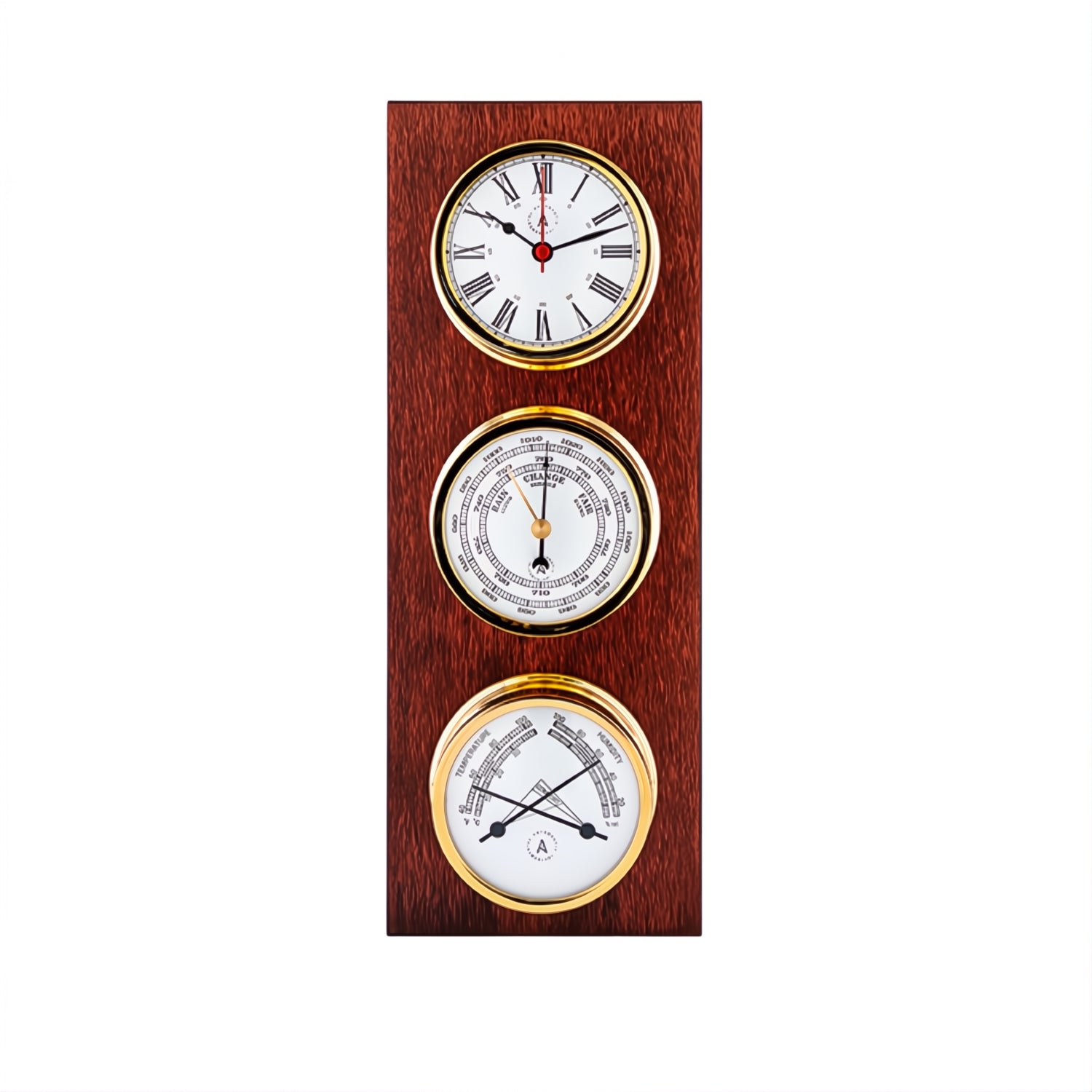Autonautic Atlantic 95 weerstation goud- met 95 mm klok, barometer en comfortmeter op luxe houten plaat