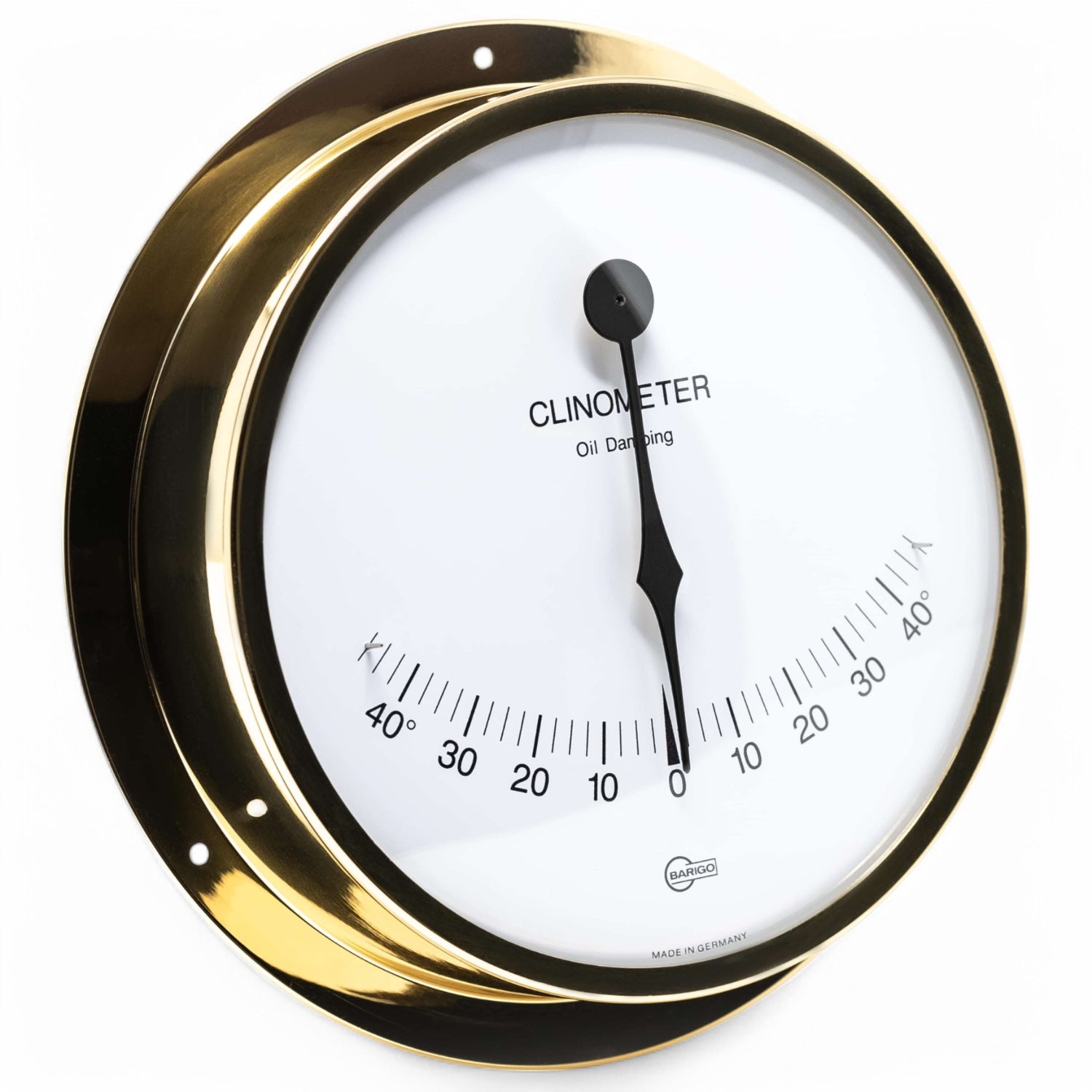 Barigo Viking clinometer in messing kleur, witte wijzerplaat met heldere zwarte cijfers en wijzer
