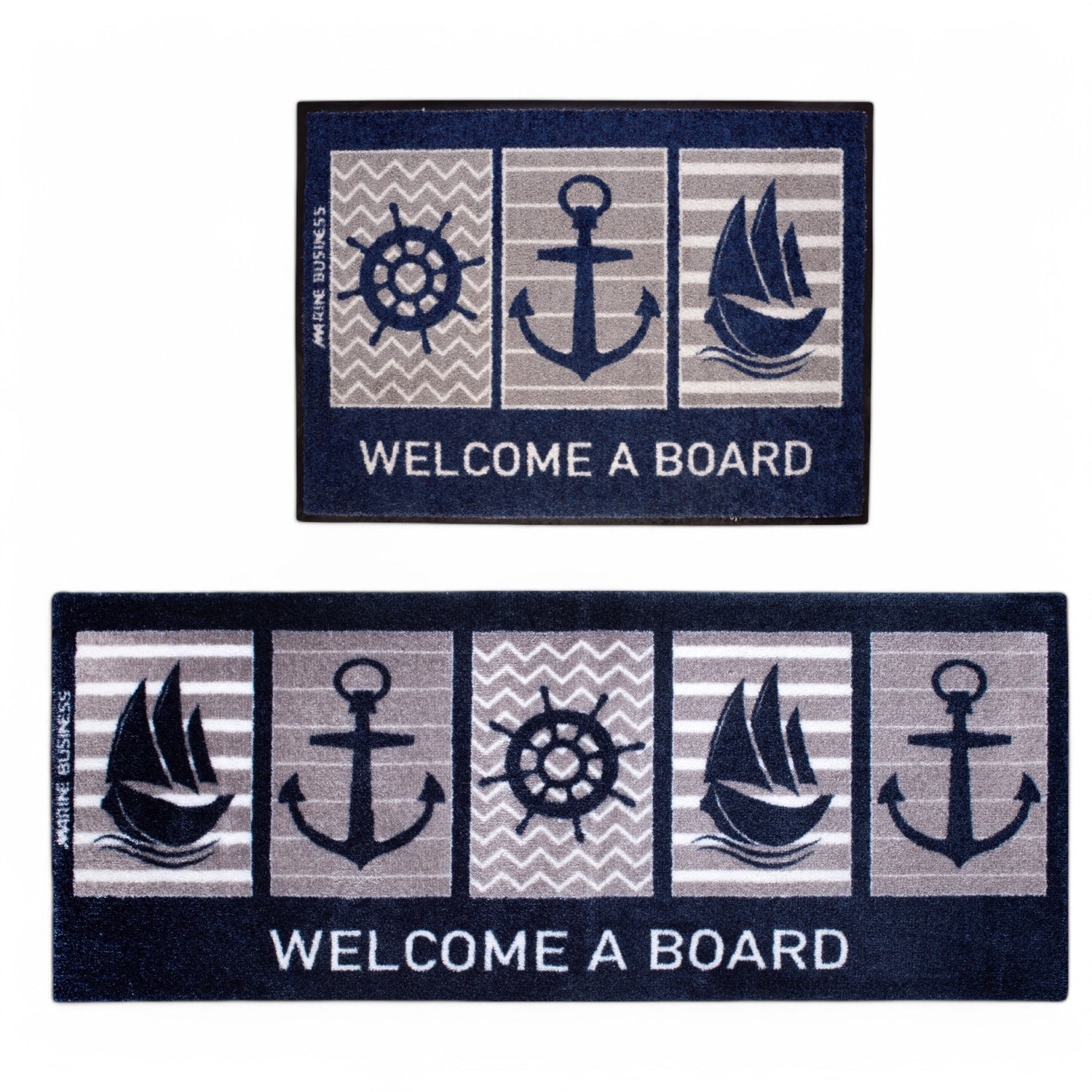 Deurmat Welcome met zeilboot, anker, stuurwiel symbolen - antislip, 2 maten