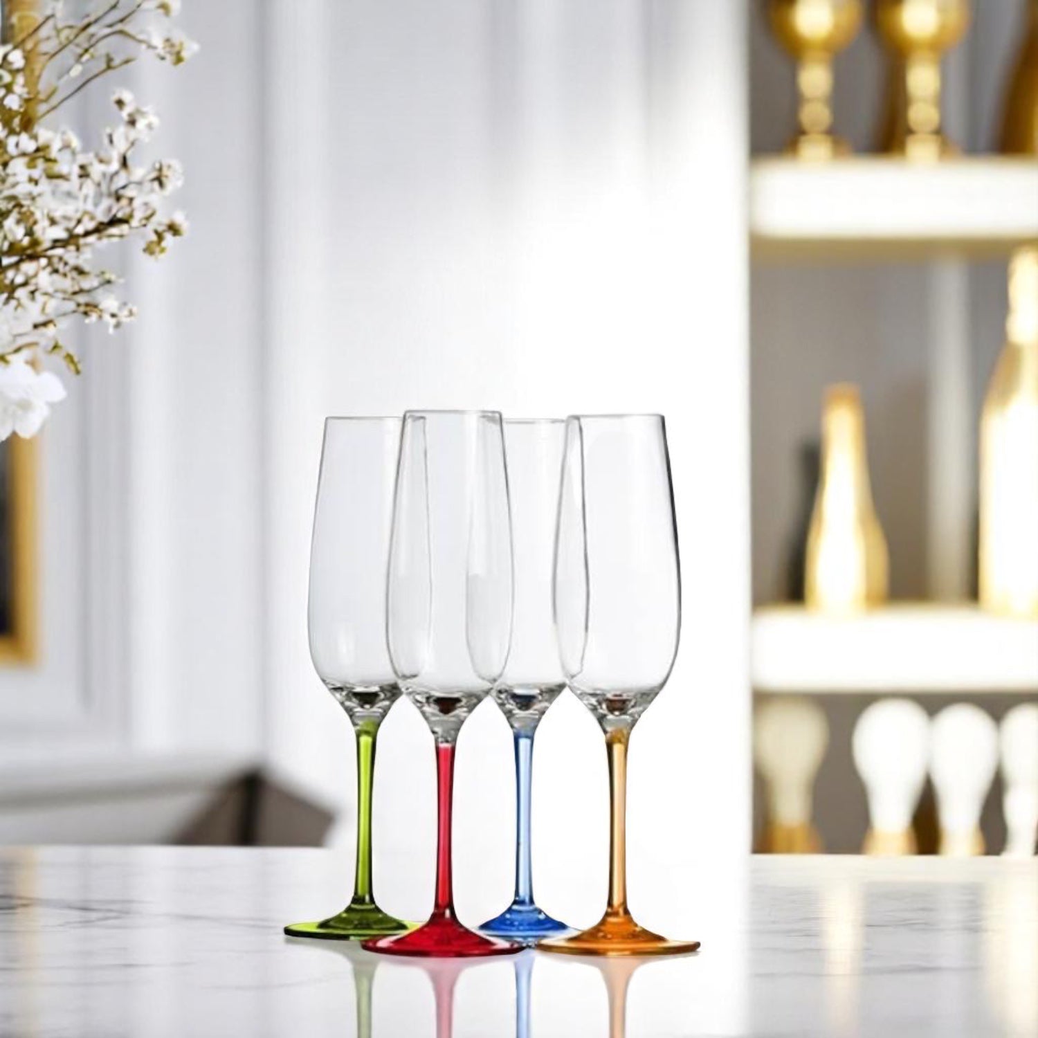 Flamefield Party prosecco flutes (set van 4) - kleurrijk, lichtgewicht, onbreekbaarop het aanrecht