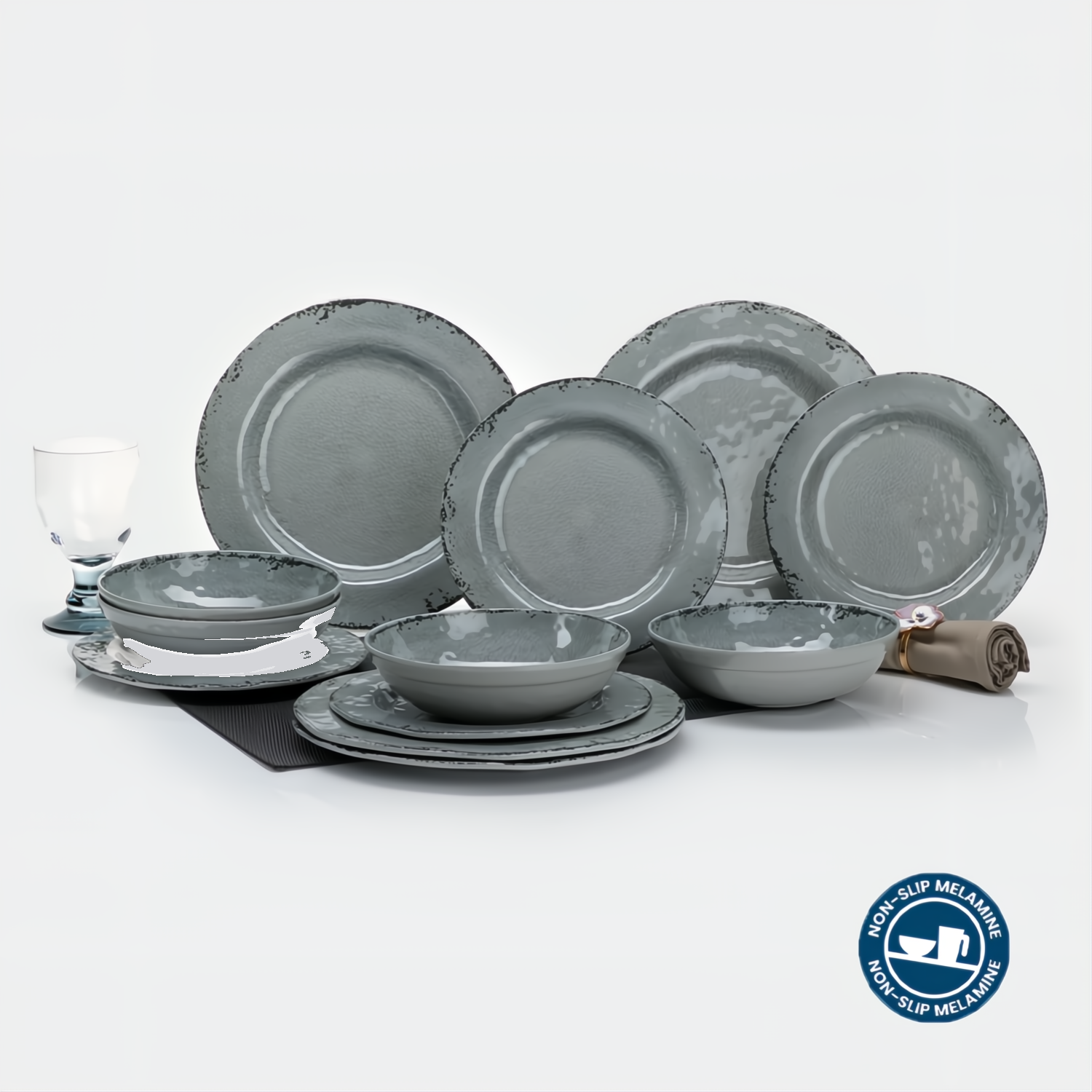 Flamefield onbreekbaar servies Moondust grijs - 12-delige melamine set met antislip