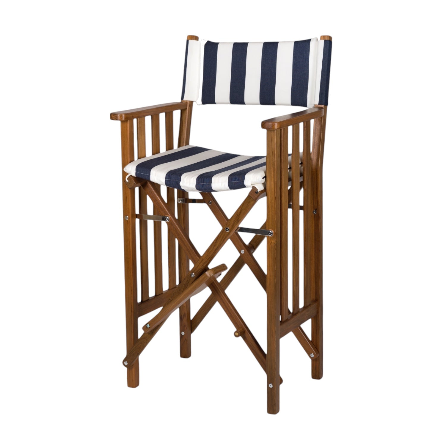 Hoge regisseursstoel deluxe II geolied teak met navy-wit gestreepte kussens