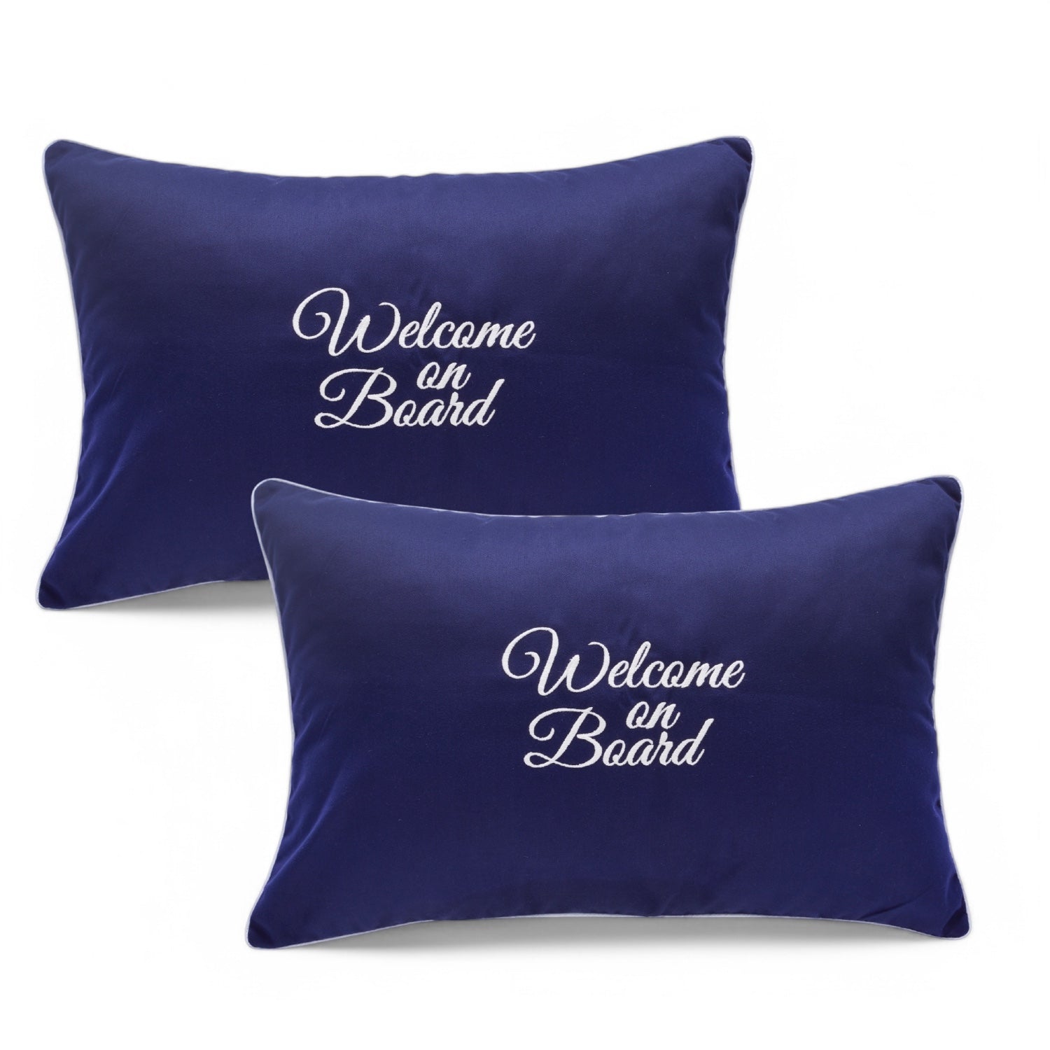 SSierkussen set (2 stuks) – nautisch design met ‘Welcome on Board’ borduursel kleur blue met witte tekst