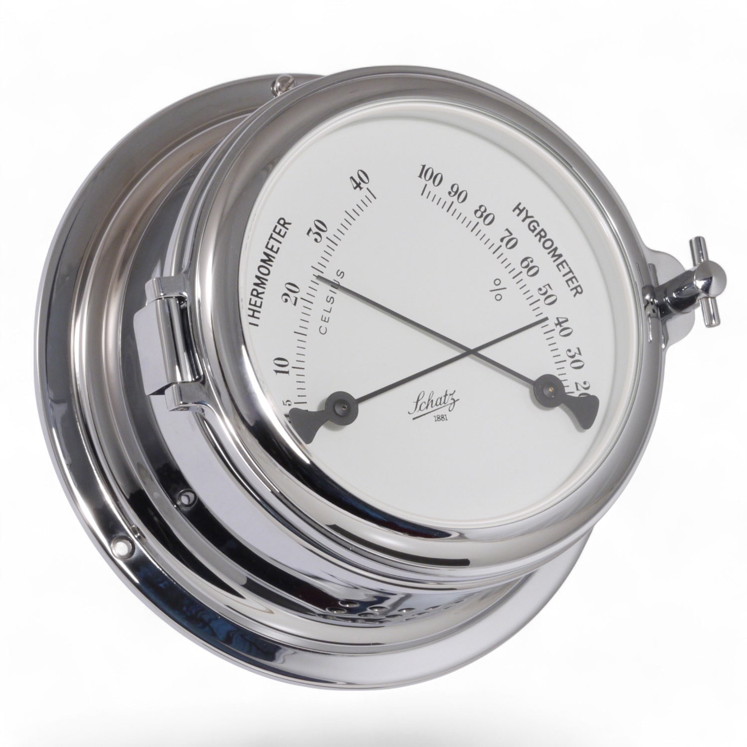 Schatz Midi thermo-hygrometer 155 mm - witte wijzerplaat, chroom, zwarte cijfers, klassiek, nautisch