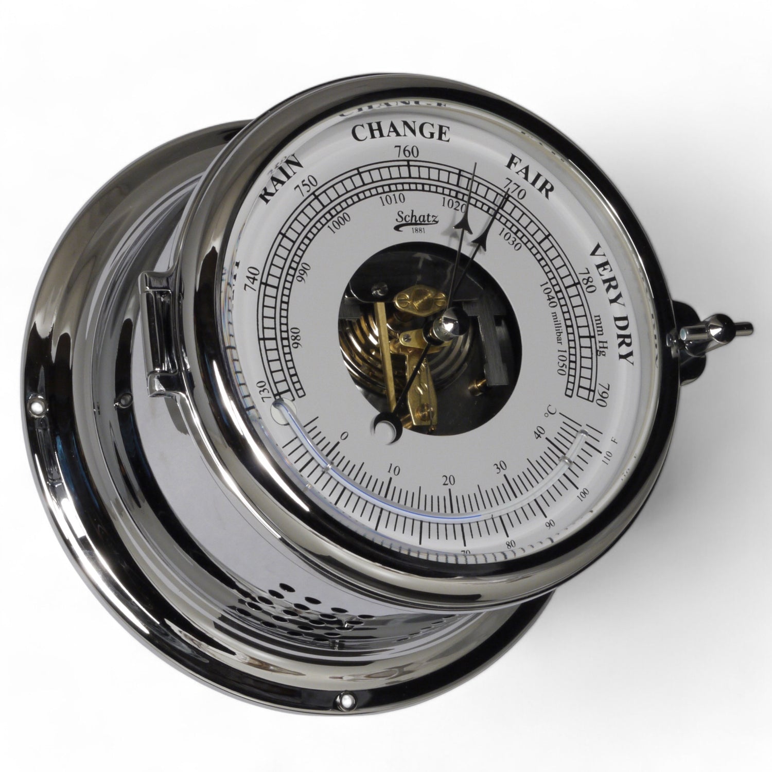 Schatz Royal barometer 483BT – 180 x 100 mm, witte wijzerplaat. met thermometer High sensative chroom open wijzerplaat. groot formaat. perfectie voor boot en interieur