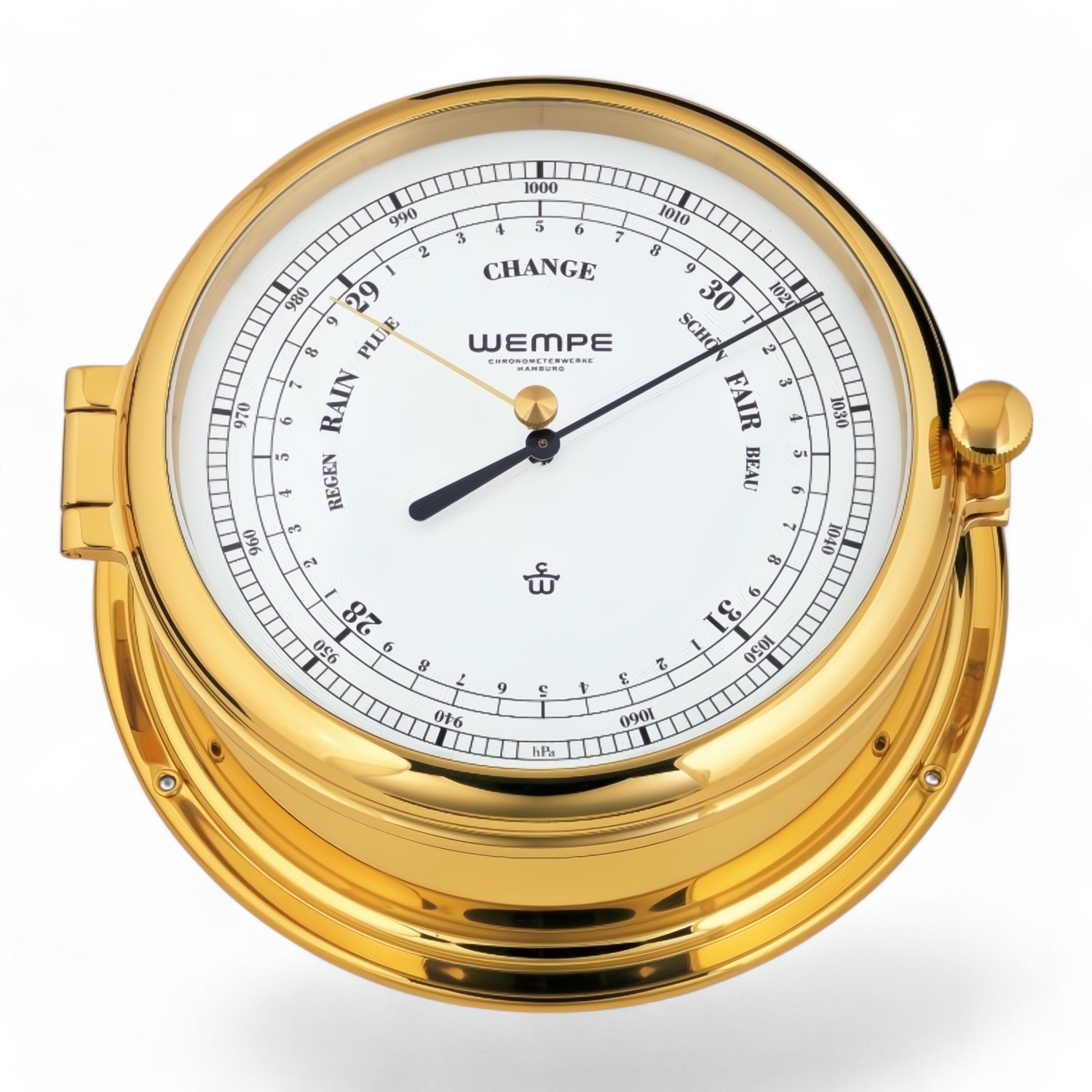 Wempe Admiral II barometer 185 x 70 mm - dubbel aneroïde mechanisme, witte wijzerplaat, messing variant