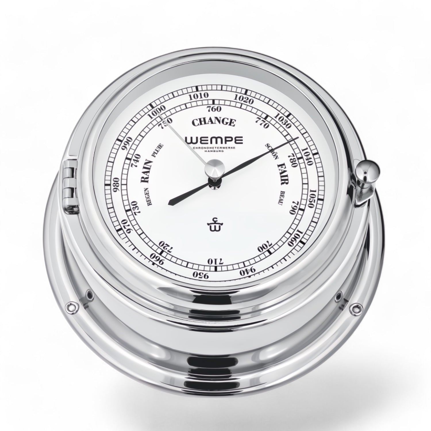 Wempe Bremen II barometer 150 x 75 mm – massief messing met patrijspoort opening, kleur chroom