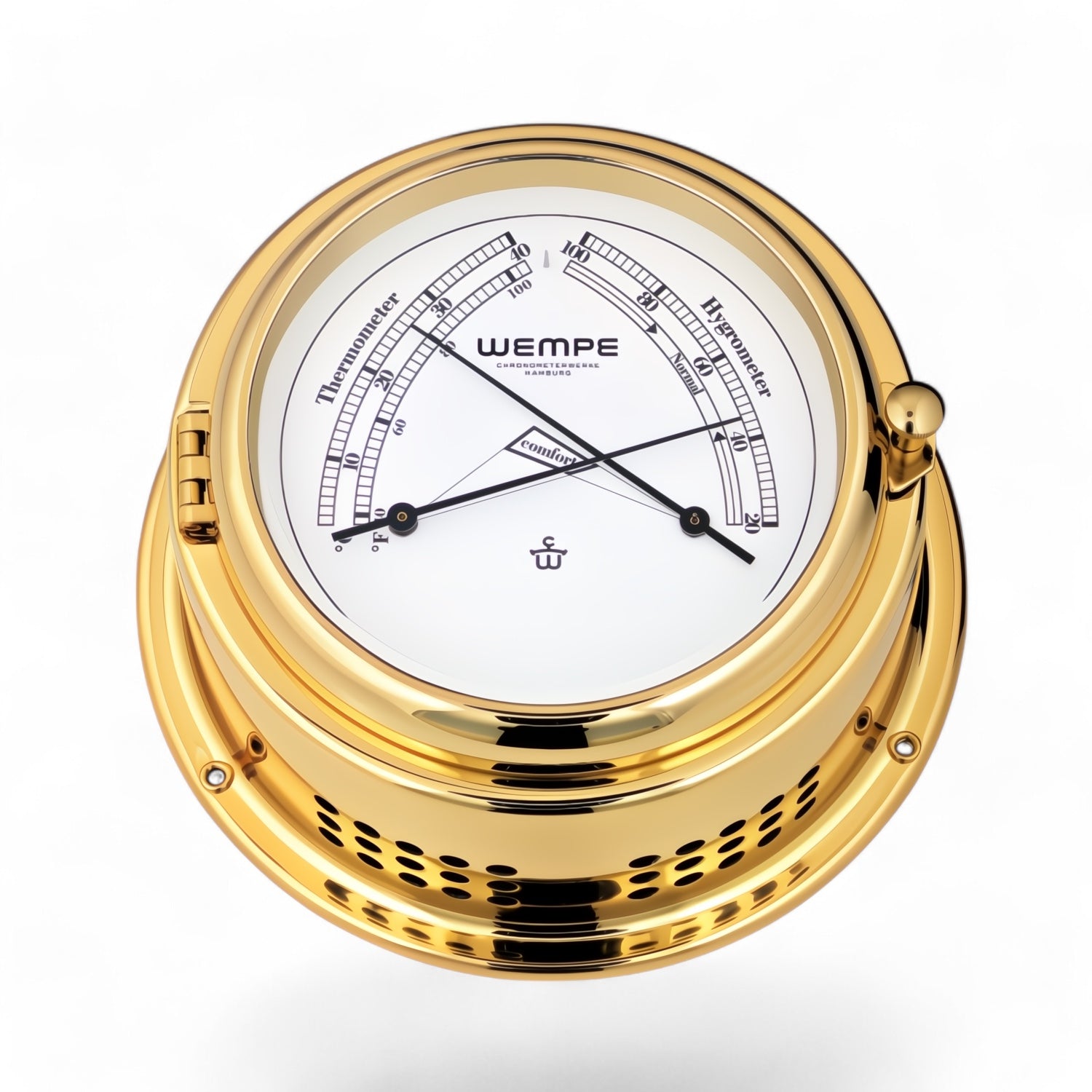 Wempe Bremen II comfortmeter 150 x 75 mm – royale witte wijzerplaat, frontopening in messing kleur