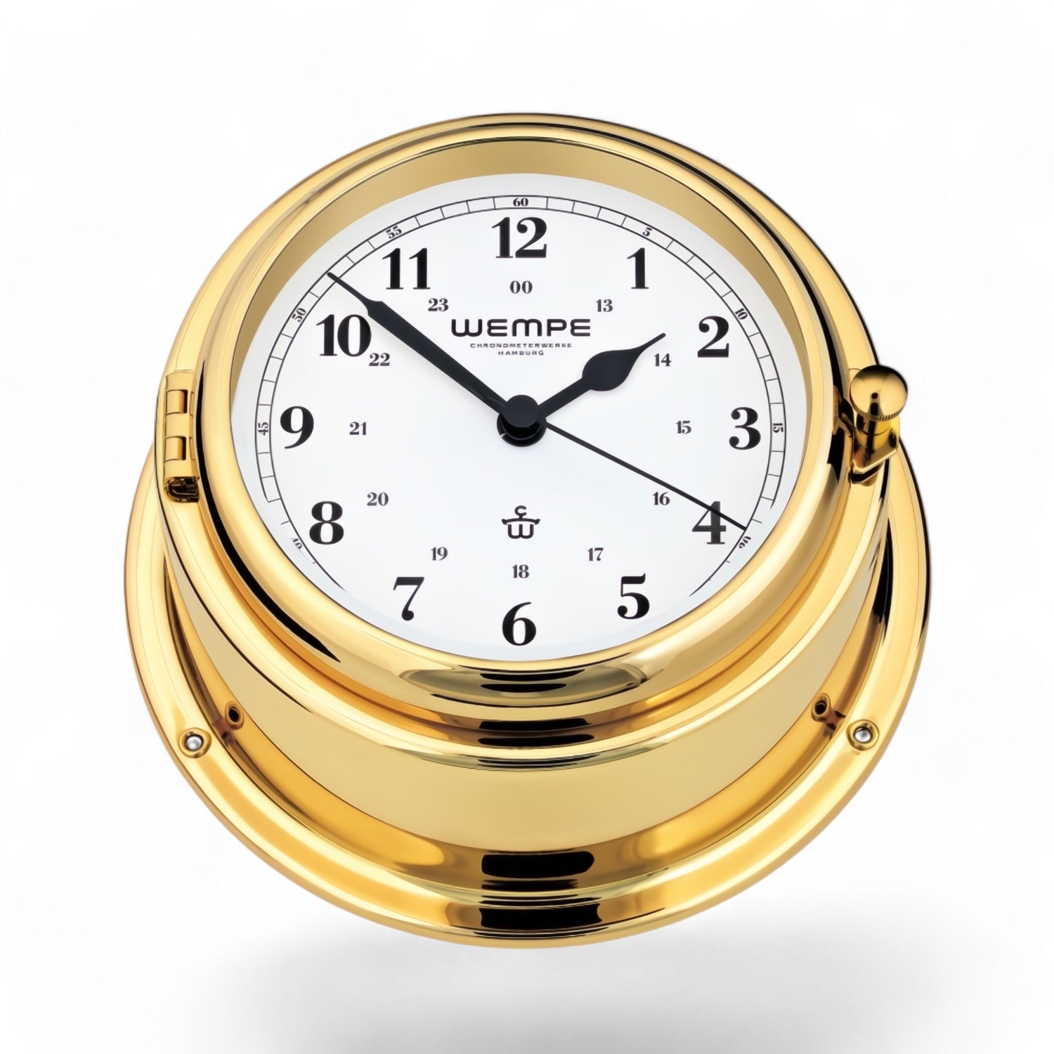 Wempe Bremen II messing scheepsklok met Arabische cijfer 150 mm x 75 mm, frontopening, witte wijzerplaat, quartz uurwerk