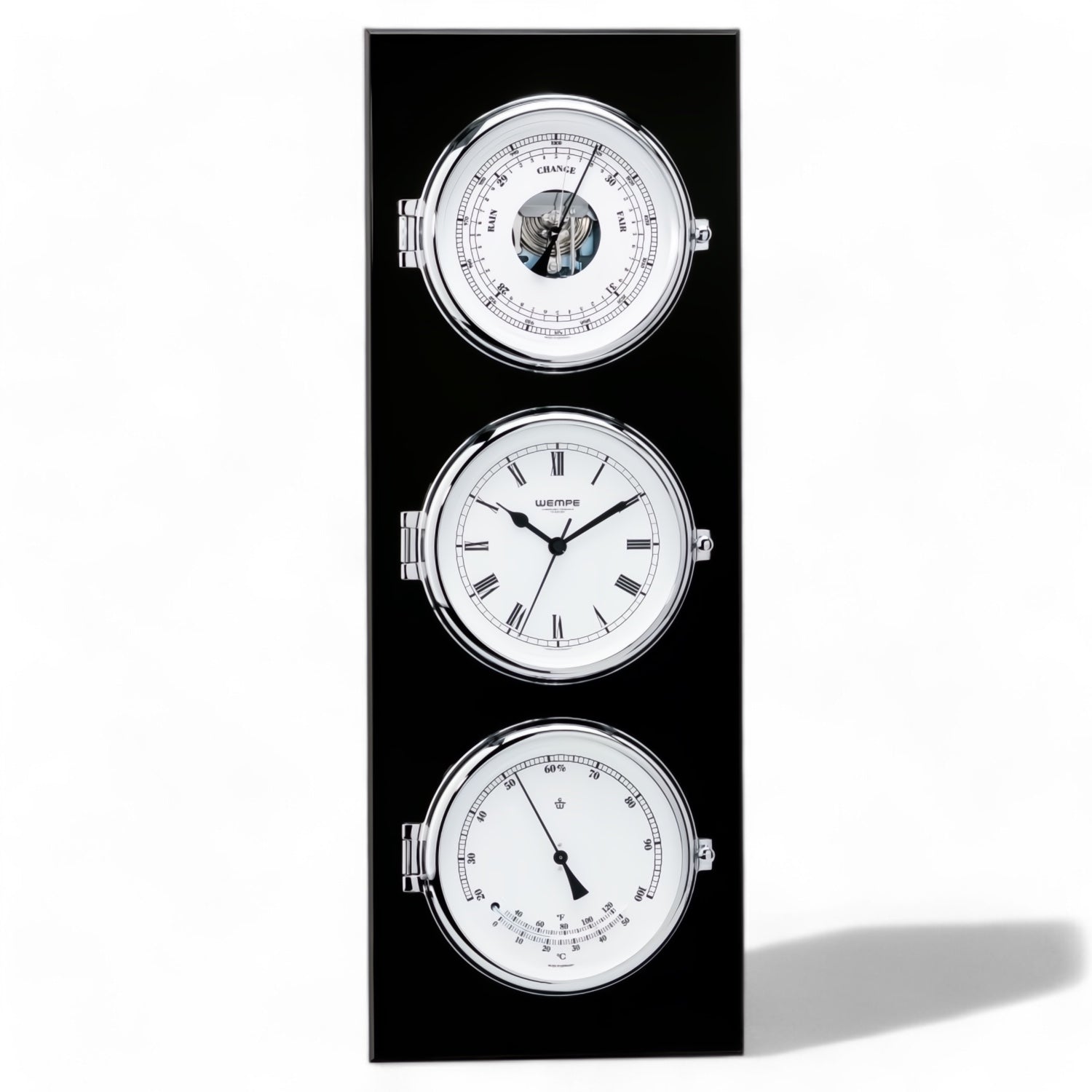 Wempe Elegance weerstation - klok met baro/thermo/hygrometer op luxe plaat chroom met zwart uitvoering