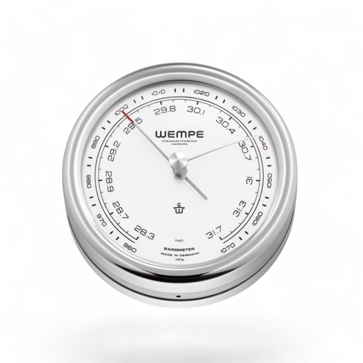 Wempe Pilot barometer met witte wijzerplaat 100 x 35 mm - gepolijst roestvrij staal, LumiNova-indexen