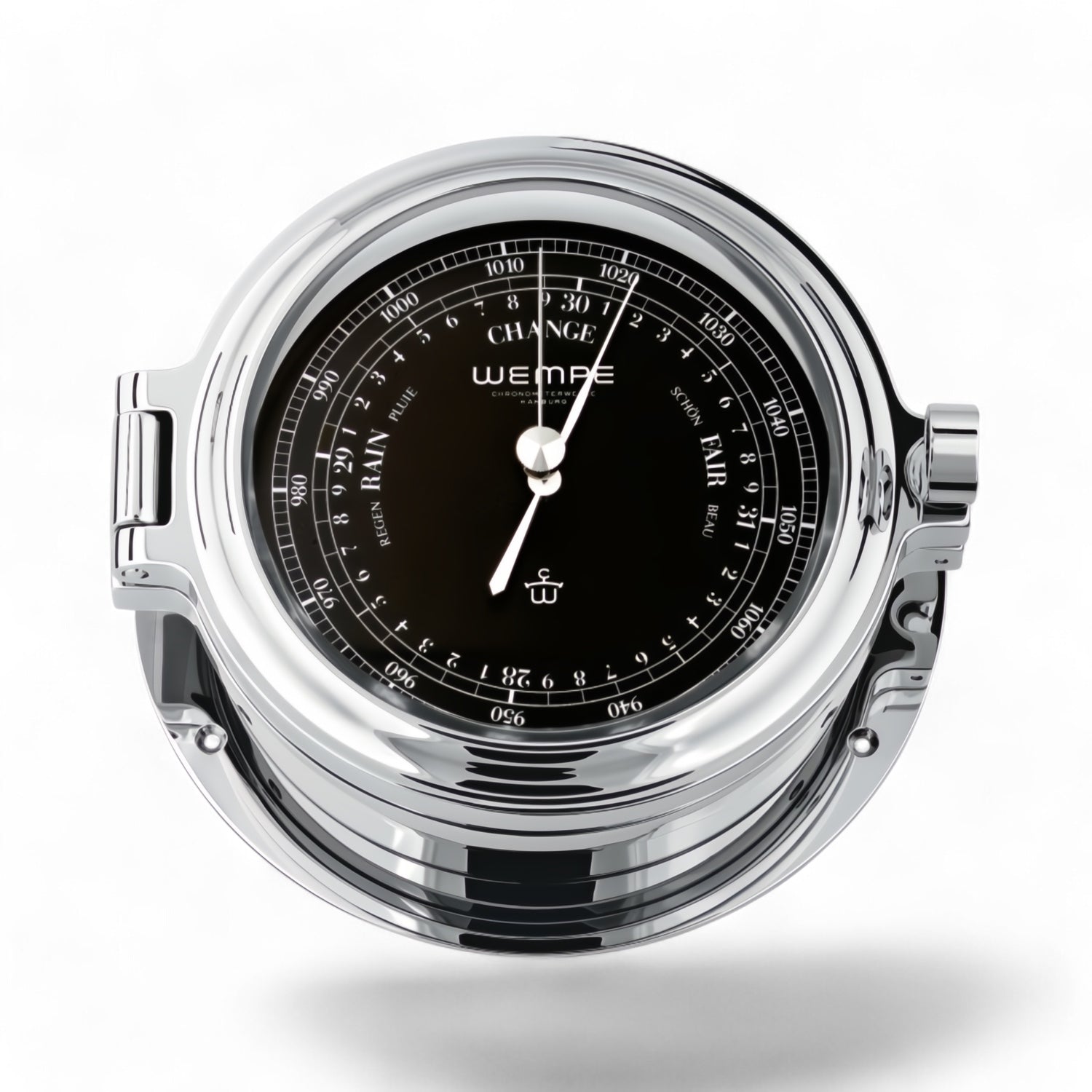 Wempe Regatta II barometer 140 x 47 mm – verchroomd massief rvs, zwarte wijzerplaat, pronkstuk