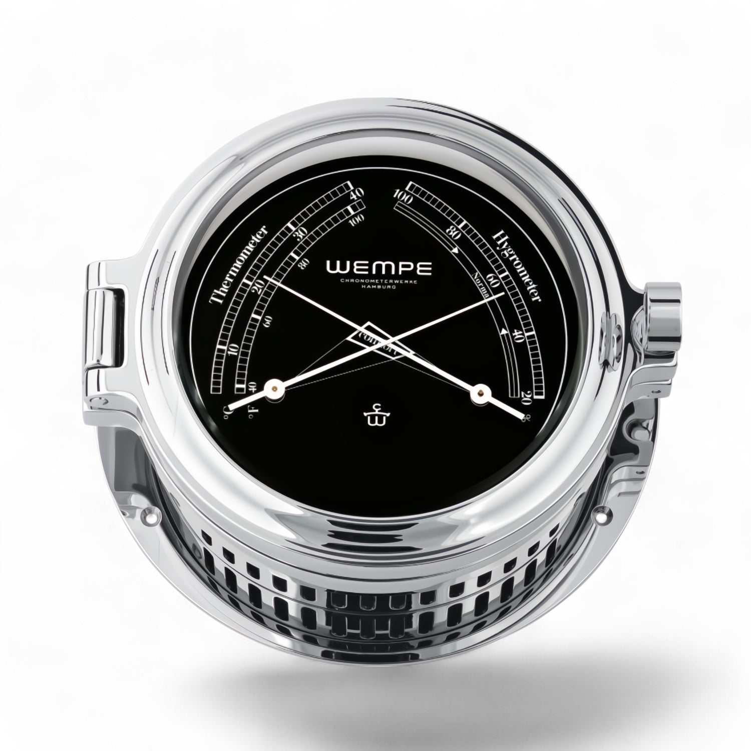 Wempe Regatta II comfortmeter 140 x 47 mm – verchroomd massief rvs, zwarte wijzerplaat, krachtpatser met comfort zone