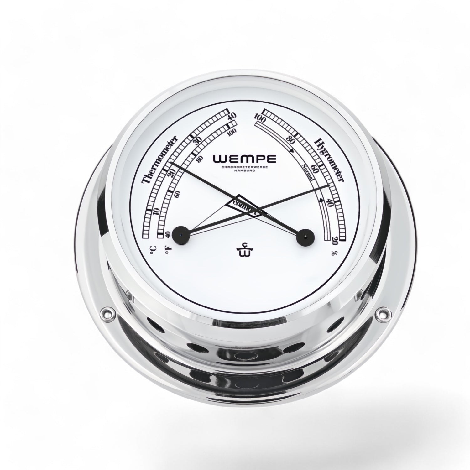 Wempe Skiff comfortmeter 110 x 42 mm - verchroomd messing compacte thermometer en hygrometer