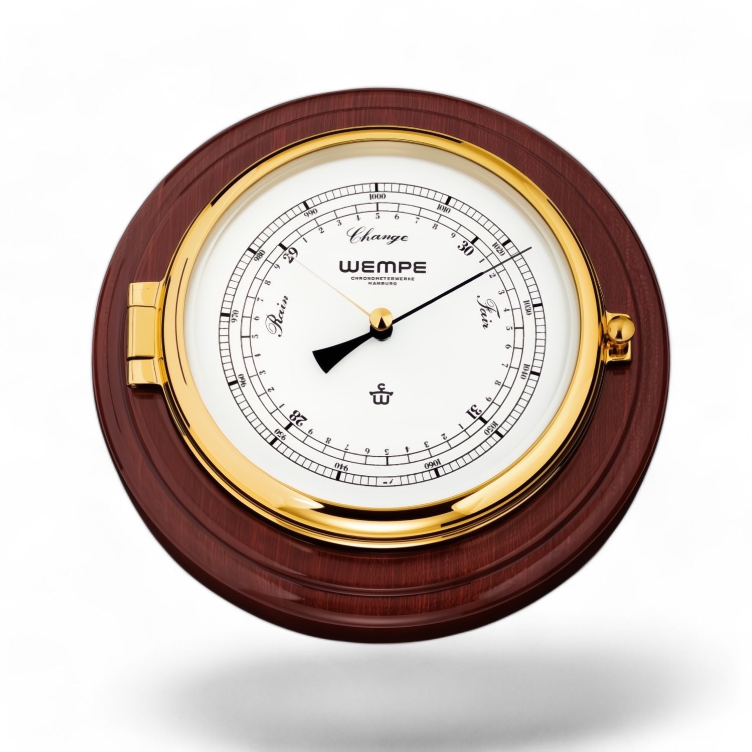 Wempe Skipper barometer 210 x 50 mm - klassiek model op luxe plaat, messing mahonie