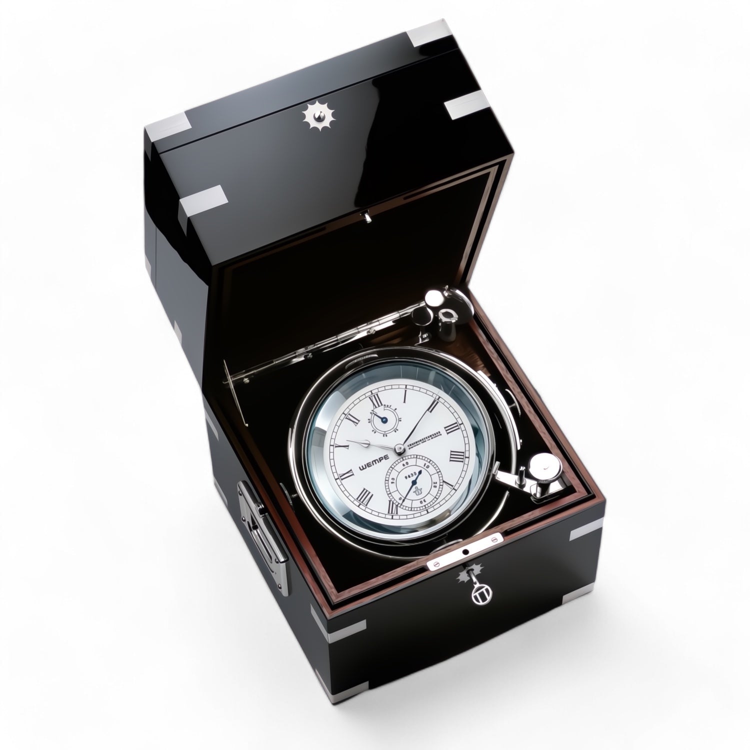 Wempe unified chronometer - kaliber 5-uurwerk, gangreserve van 56 uur, verchroomd messing scheepsklok in zwart piano gelakte behuizing