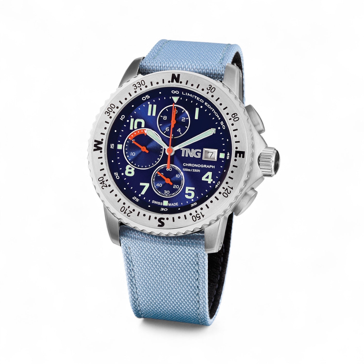 TNG sporthorloge Baltic Cup 43 mm blauwe wijzerplaat en Cordura bandje