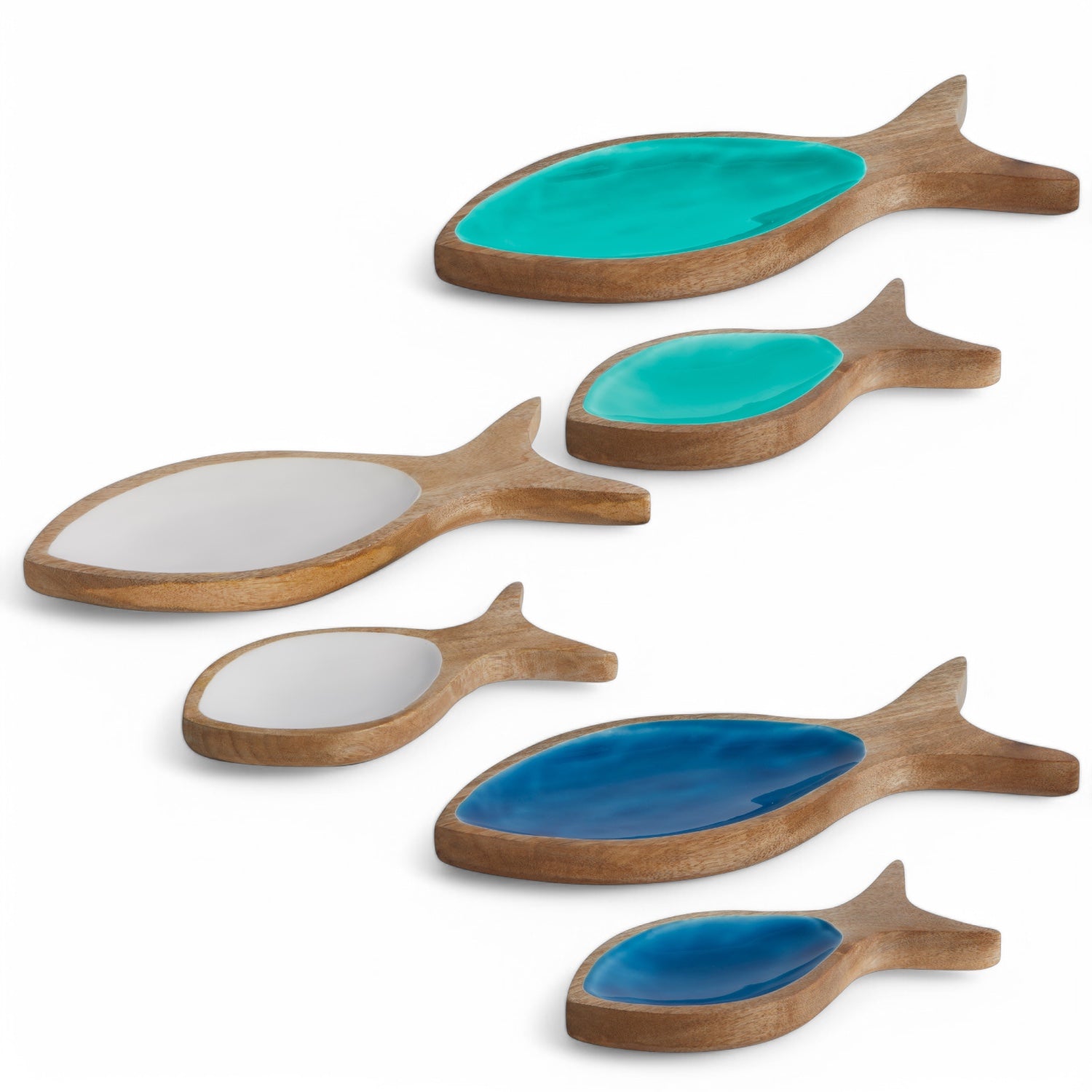 marine Business Cocoa_set_van twee serveerschalen Fish in drie kleuren aqua, wit en blauw