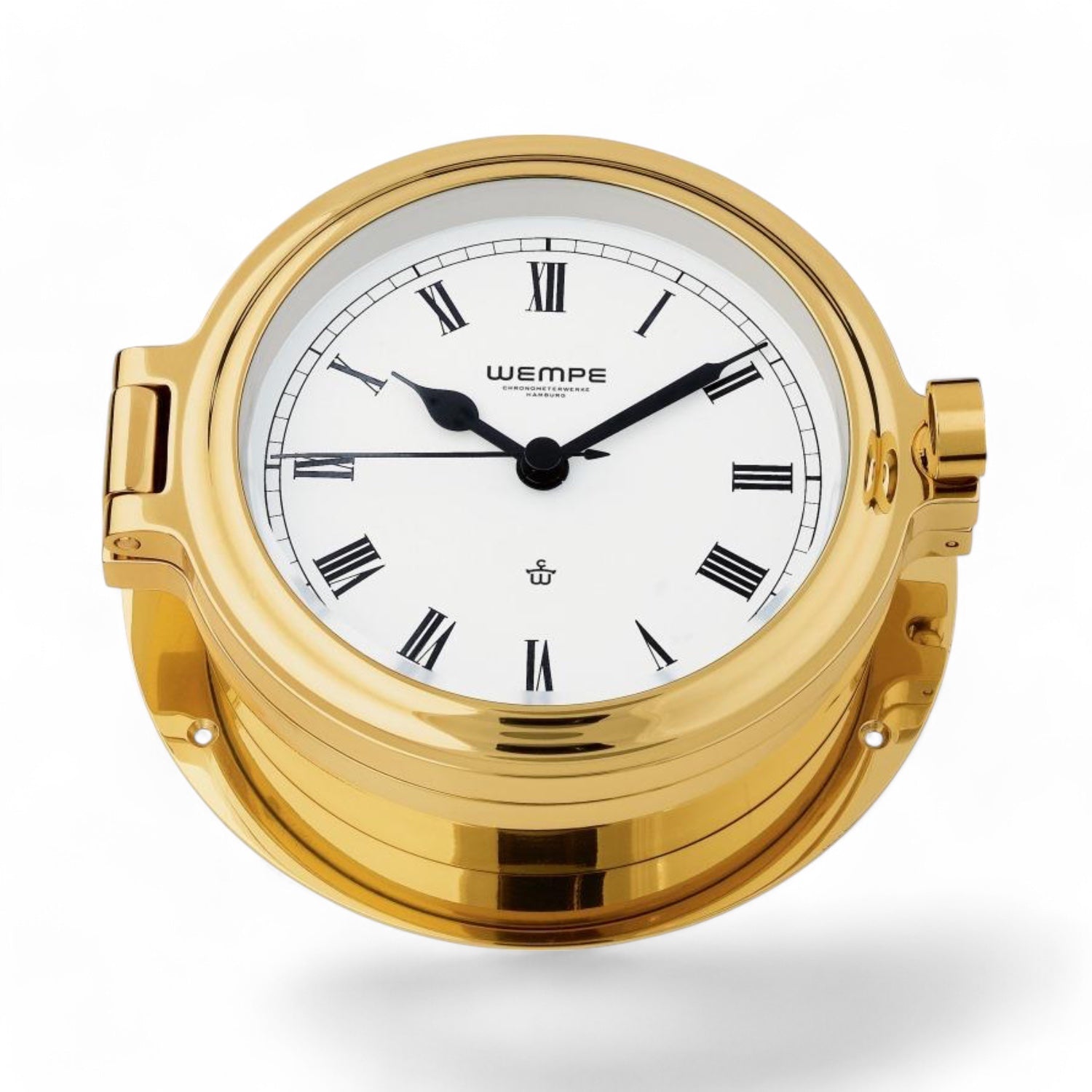messing kleur Wempe Cup II scheepsklok 140 x 47 mm – massief rvs, quartz patrijspoort klok met Romeinse cijfers