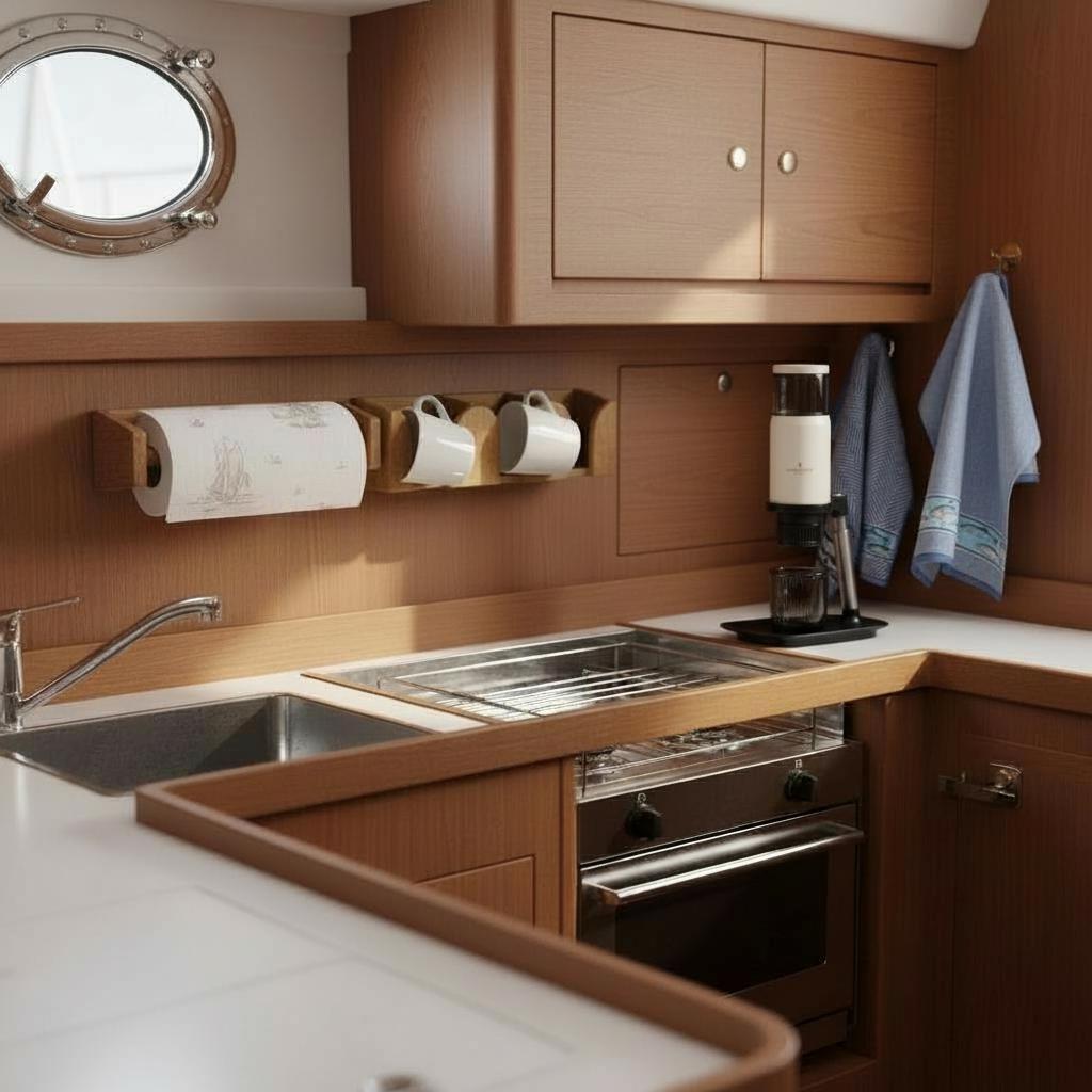 Badkamer op een boot ingericht met houten kastjes, teak wandrekken en een espresso machine