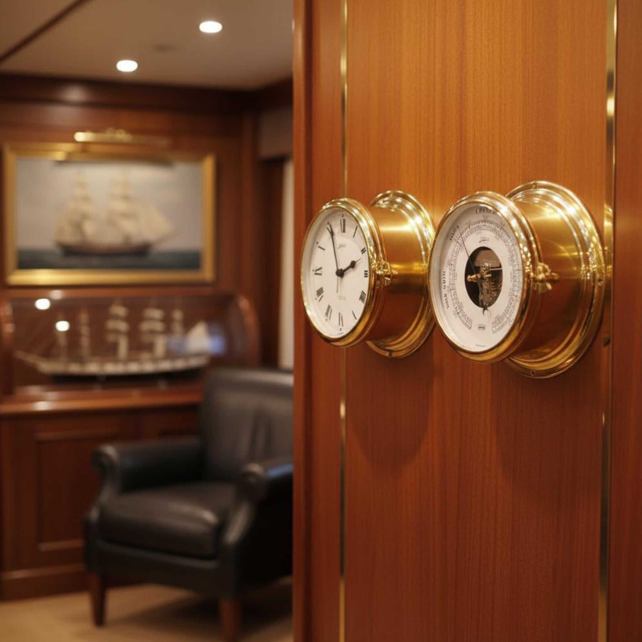 Schatz Royal scheepsklok en barometer in messing behuizing op klassiek jacht, hangend aan de mahonie houten gelakte wand met een schilderij op de achtergrond