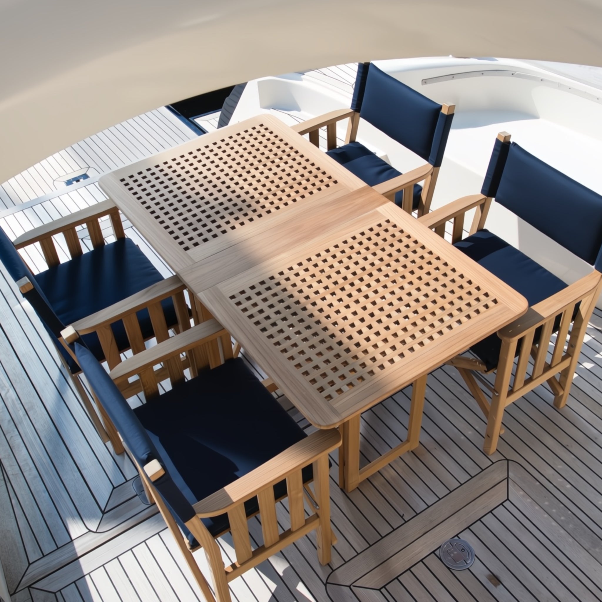 Teak houten set van ARC Marine tafel met vier stoelen met blauwe kussens op het dek van een boot