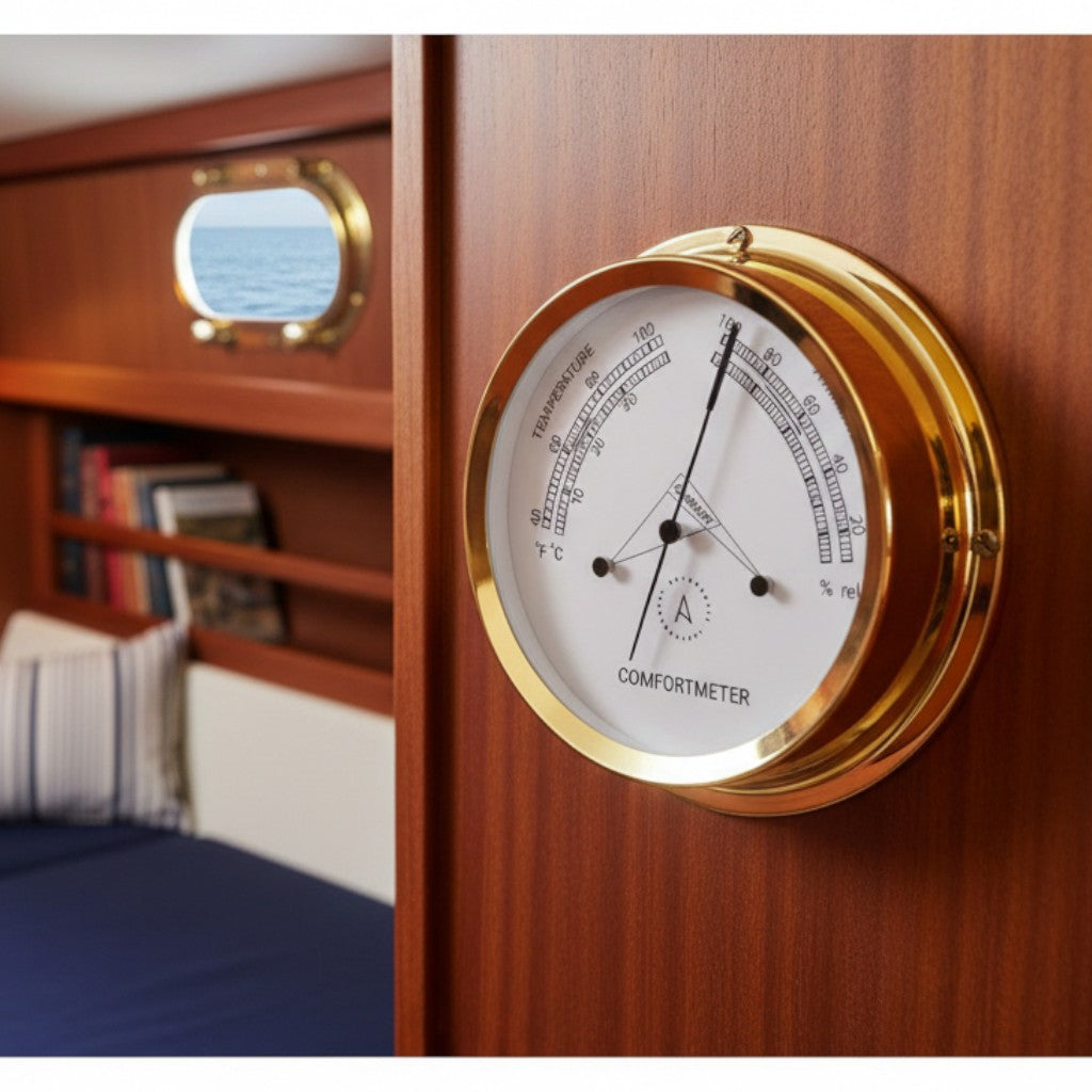 Fischer precisie barometer in messing behuizing op een vaarkaart met lineaal en verrekijker