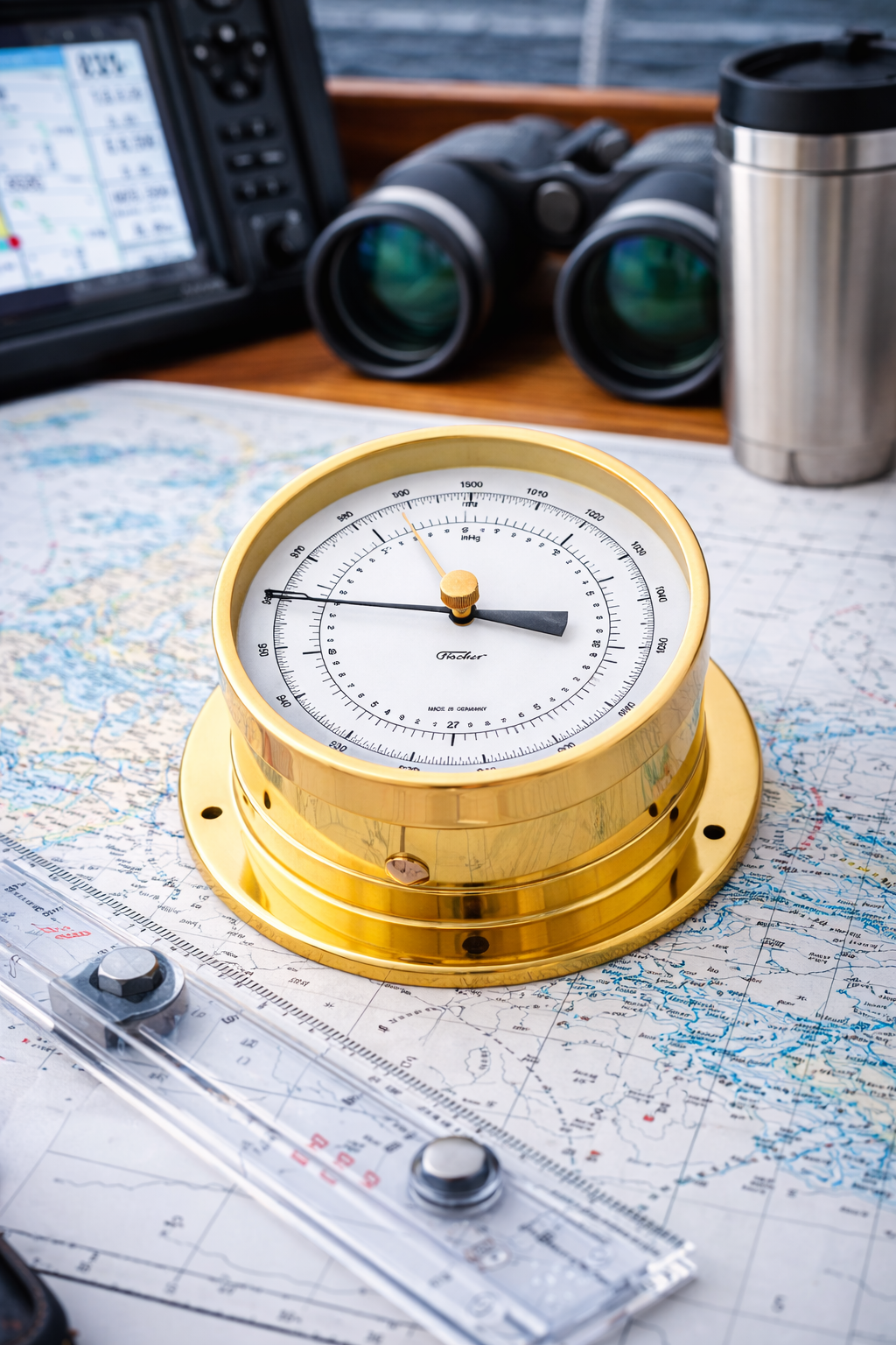 Fischer precisie barometer in messing behuizing op een vaarkaart met lineaal en verrekijker