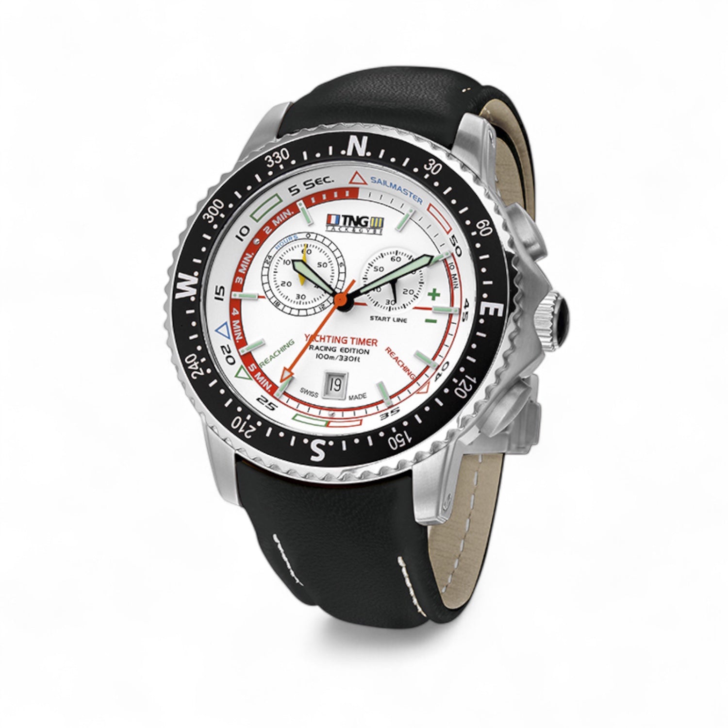 TNG Sailmaster 45 mm - Yachting timer with white dial and leather stra ...