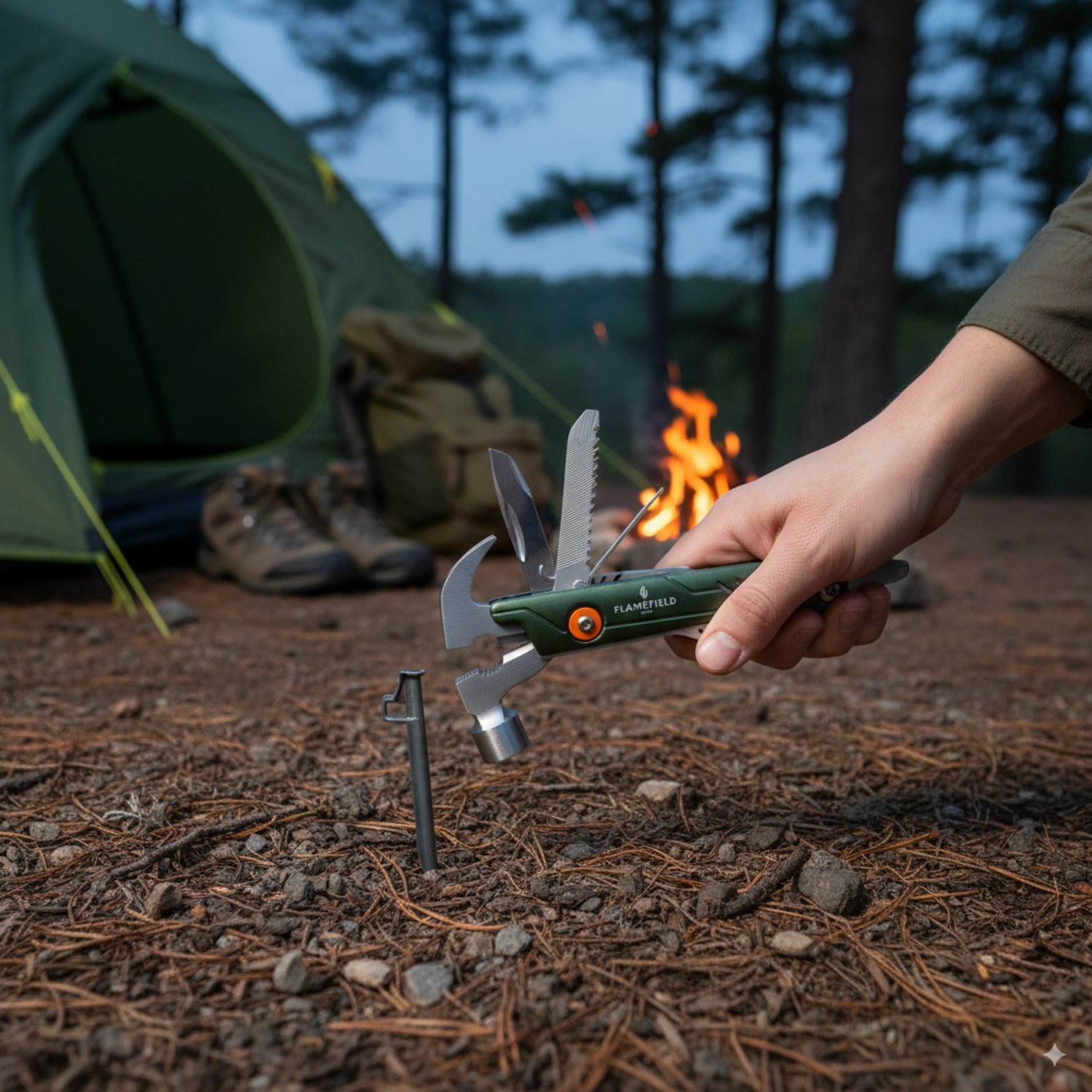 11-in-1 Multi-Tool Hammer Forest Green in gebruik bij het slaan van een haring naast een groene tent in de bossen