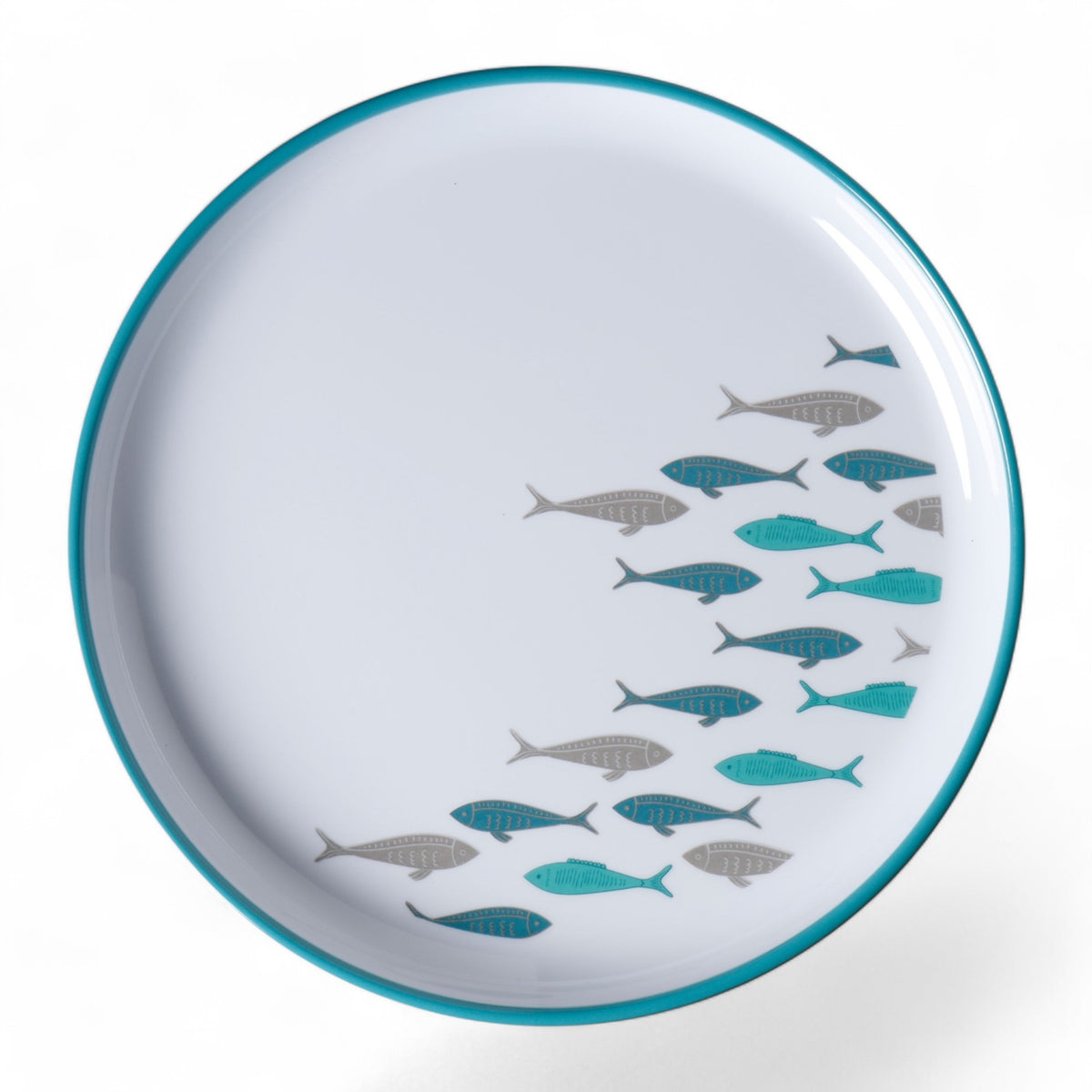 28002 ontbijt met vissen uit het Coastal melamine servies - met oceaandecor in wit, turquoise, grijs