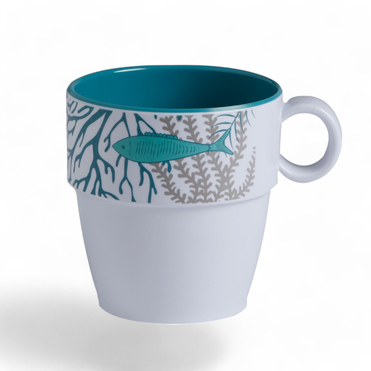 28004 mok met koraal en met vissen uit het Coastal melamine servies - met oceaandecor in wit, turquoise, grijs