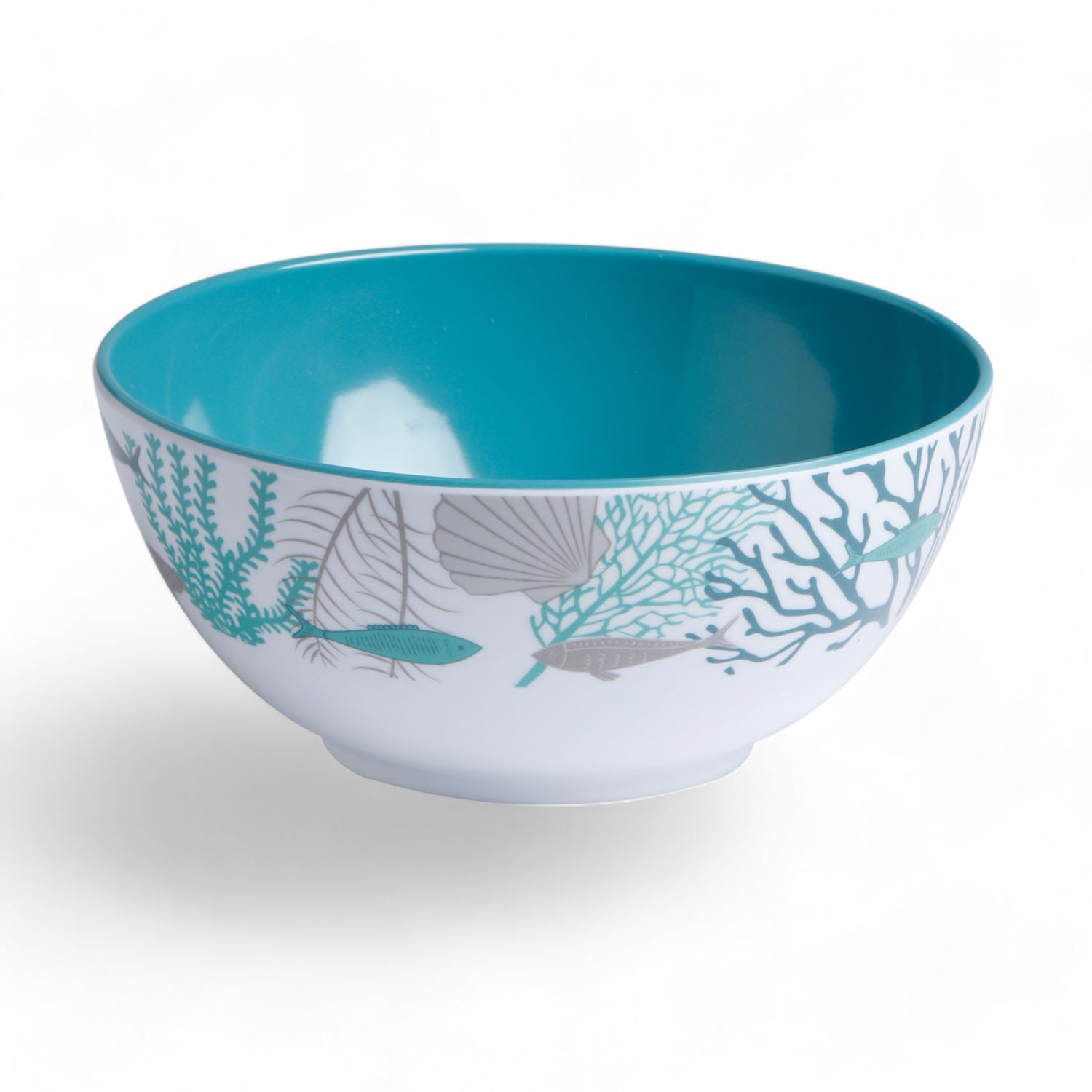28007 kom met koraal en met vissen uit het Coastal melamine servies - met oceaandecor in wit, turquoise, grijs