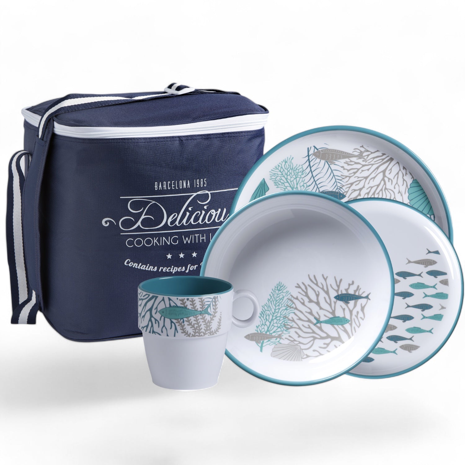 28144 serviesset 24delig Coastal melamine servies - met oceaandecor in wit, turquoise, grijs