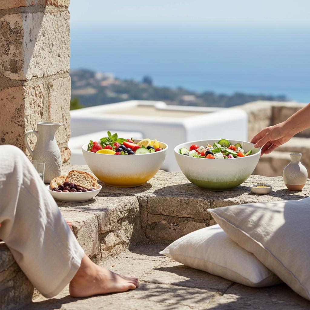 2 x ambre salad bowl where people are sitting relax and eating from the bowl