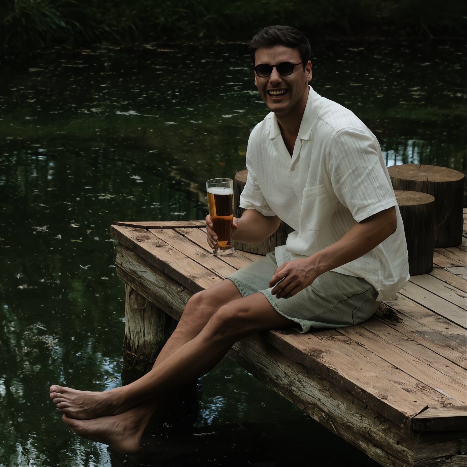 533 Flamefield pilsner glas onbreekbaar  in hand van man zittend aan het water met een zonnebril op