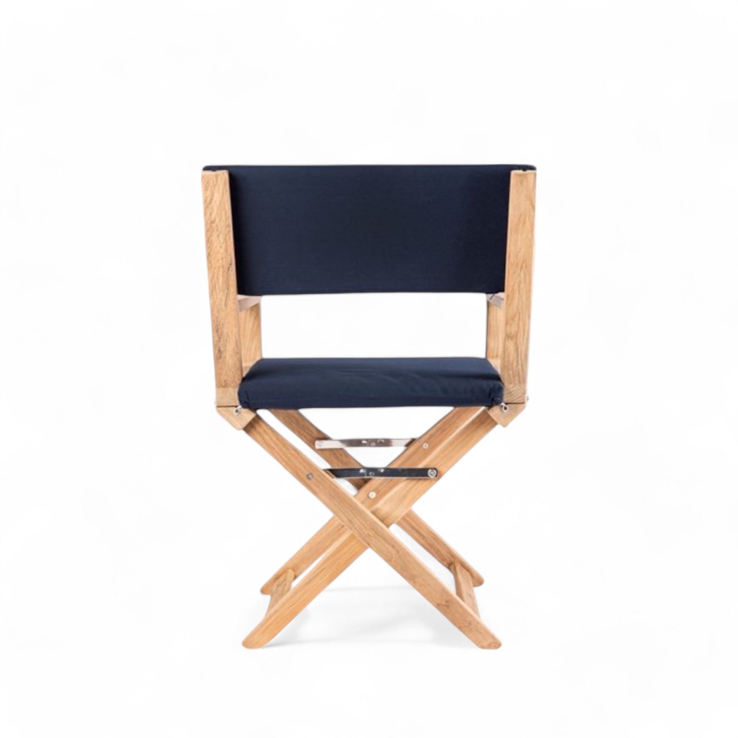 Achterzijde van regisseursstoel the Edge - geolied teak, luxe, inklapbaar, met comfortabele navy kussenset