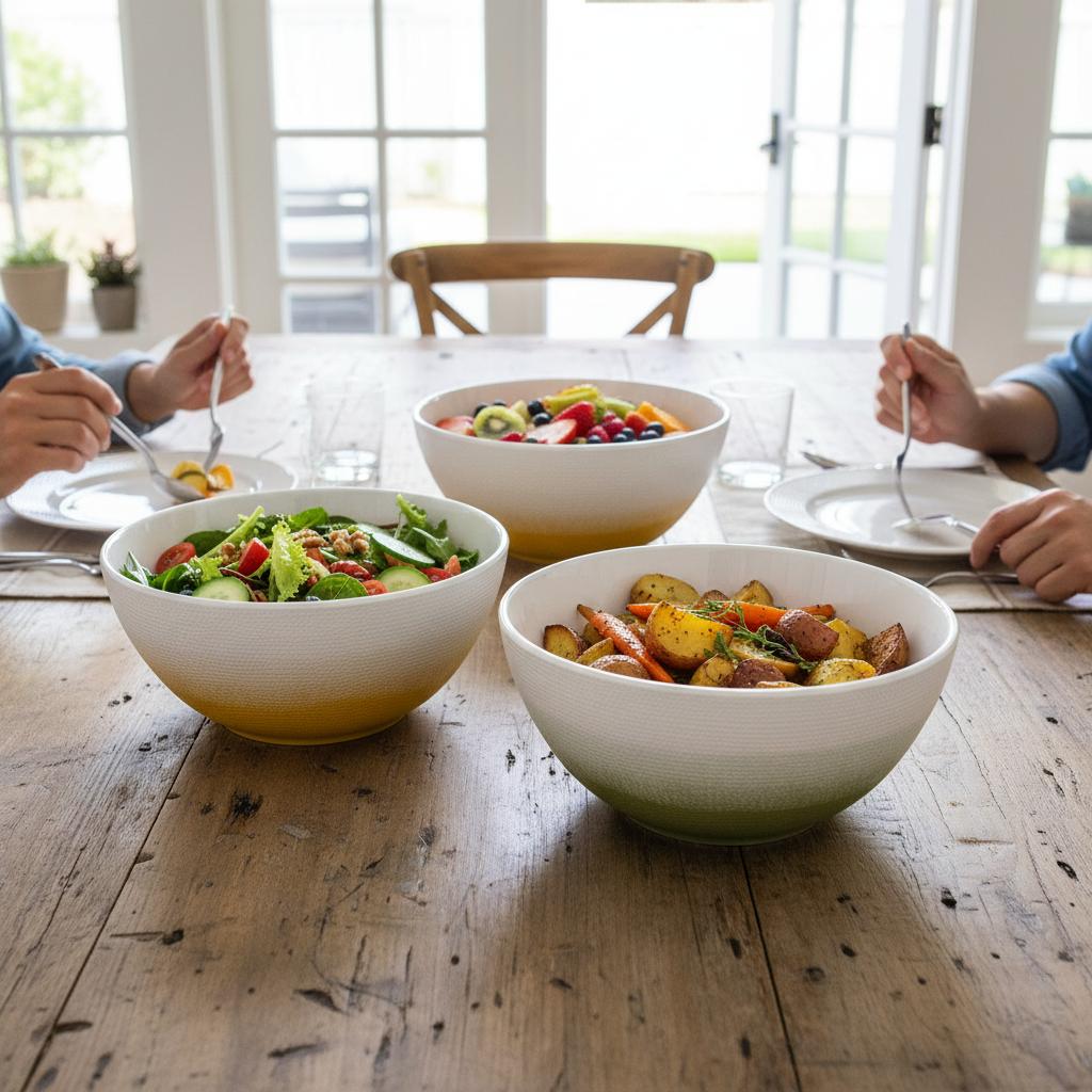 Ambre bowls large bij elkaar 3 kleuren op tafel in een huis