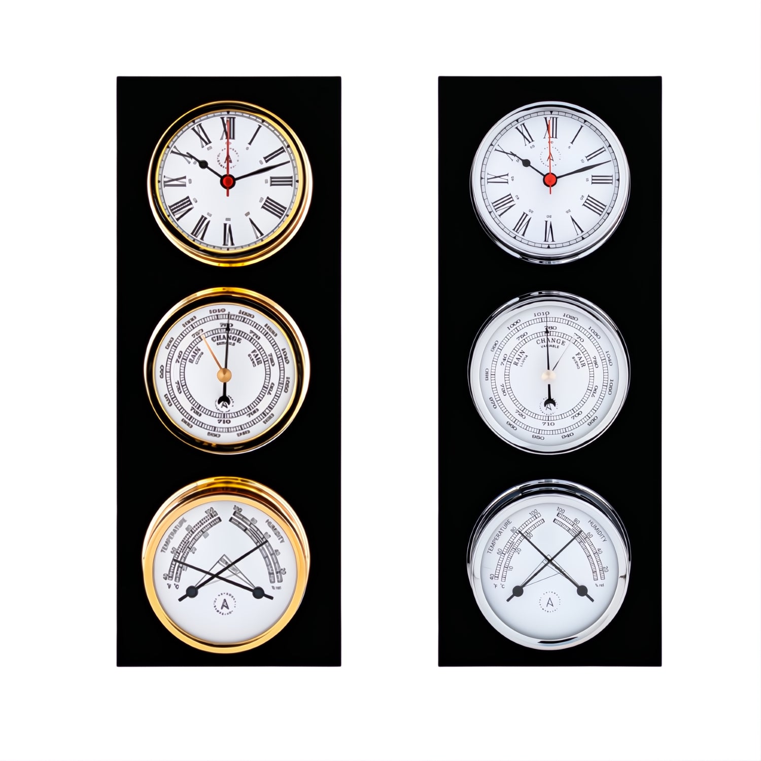 Autonautic Atlantic 95 weerstation goud_en_chroom met 95 mm klok, barometer en comfortmeter op luxe zwarte plaat