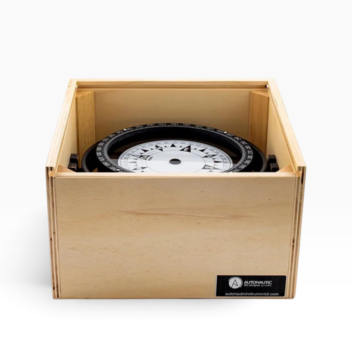 Autonautic C20-00131 reservekompas in houten kist – klasse A, 125 mm met de bovenkant open