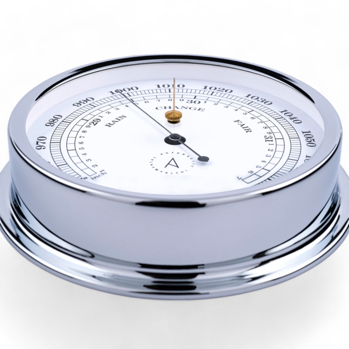 Autonautic Indic 175  barometer - voor nauwkeurige luchtdrukmetingen, groot formaat, kleur chroom, close-up