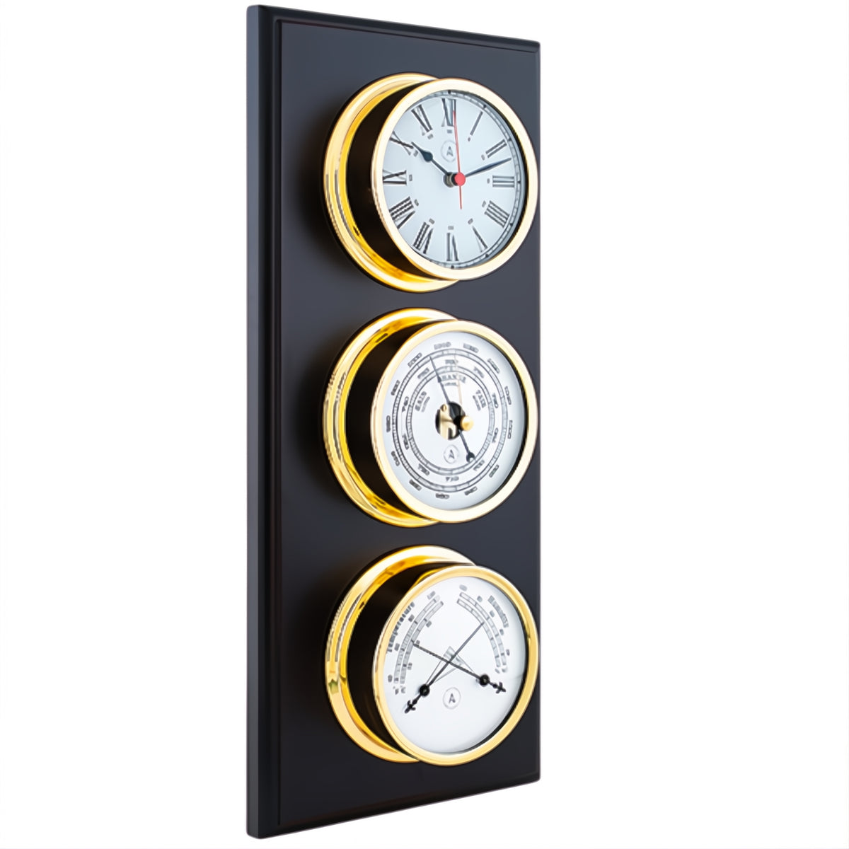 Autonautic Pacific 120 weerstation - met 120 mm klok, barometer en comfortmeter goud luxe houten plaat van de zijkant