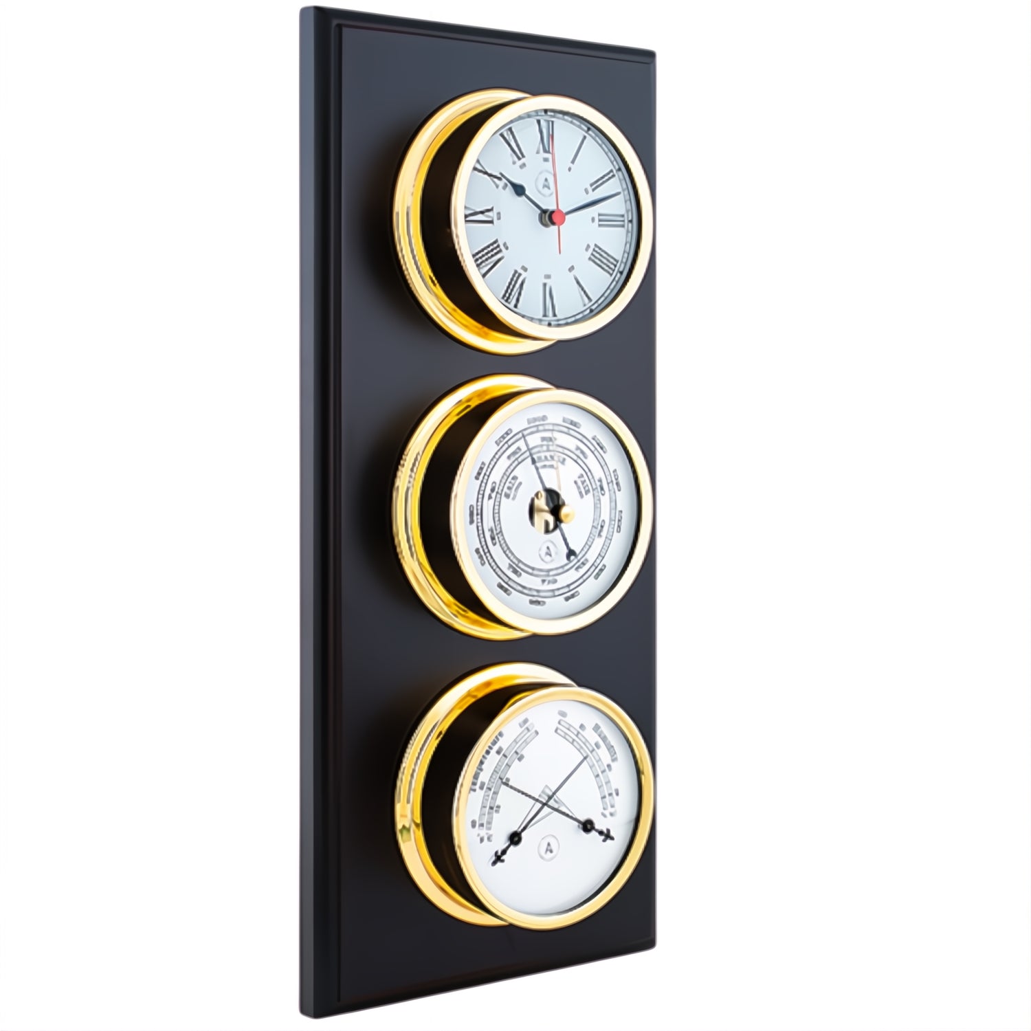 Autonautic Pacific 120 weerstation - met 120 mm klok, barometer en comfortmeter goud luxe houten plaat van de zijkant