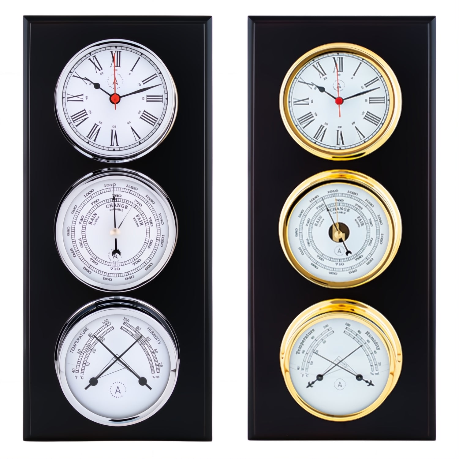 Autonautic Pacific 120 weerstation - met 120 mm klok, barometer en comfortmeter op goud en chroom luxe houten plaat