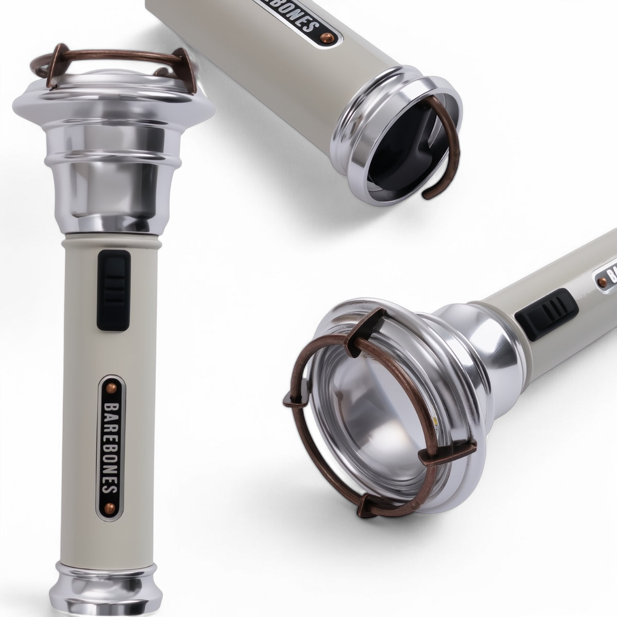 Barebones Flashlight zaklamp Vintage white drie verschillende kanten belicht op een beeld 