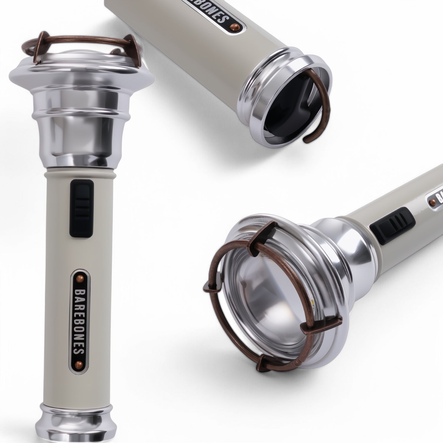 Barebones Flashlight zaklamp Vintage white drie verschillende kanten belicht op een beeld 