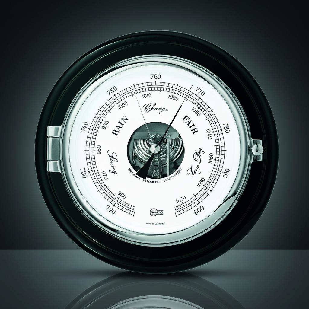 Barigo Captain barometer met thermometer Ø210 mm – mahonie messing uitvoering 1585CR in een luxe sfeerbeeld met een donkere achtergrond