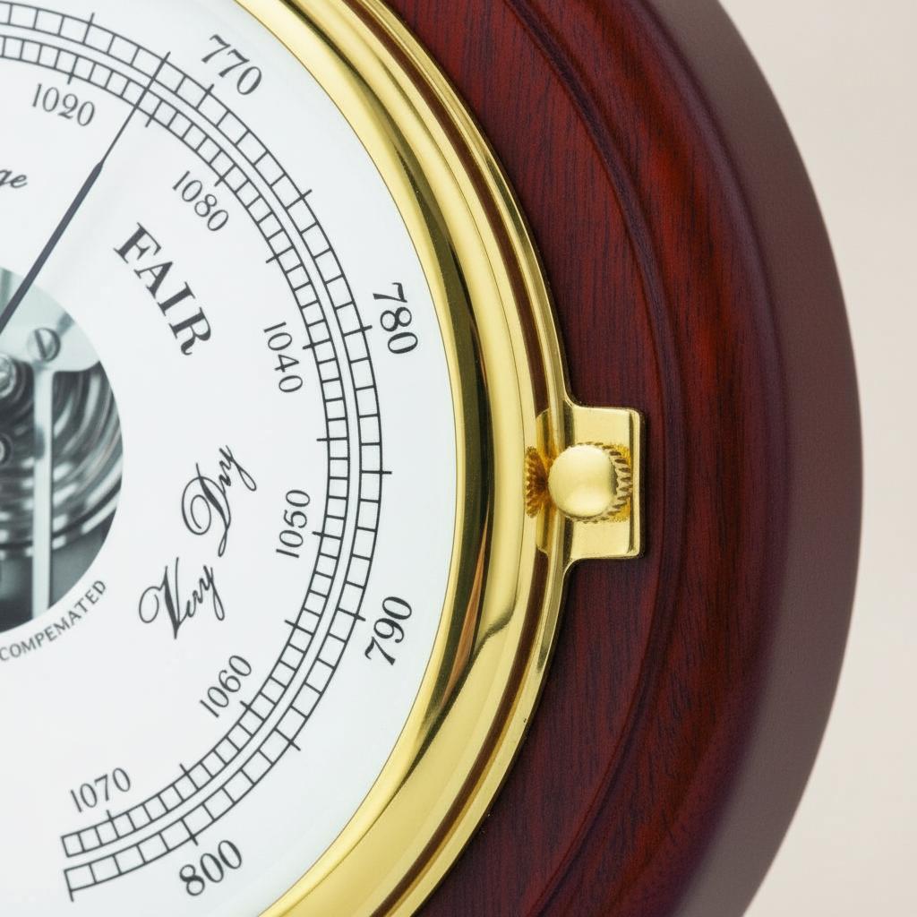 Barigo Captain barometer met thermometer Ø210 mm – mahonie messing uitvoering 1585MS close-up van scharnier schroefsluiting